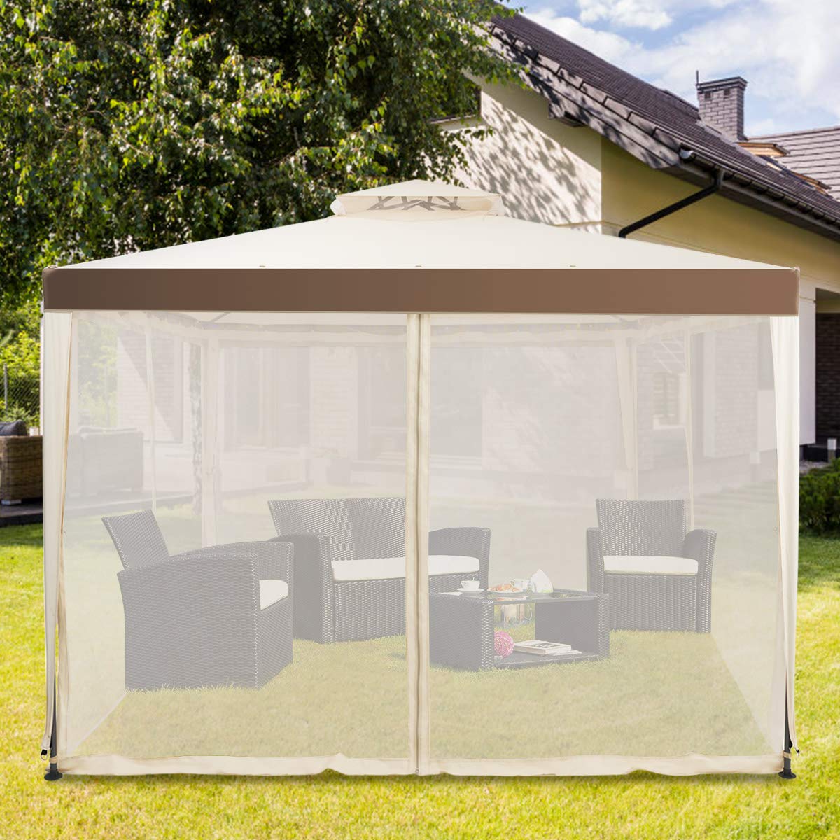 3m x 3m Outdoor Gazebo with Zipped Mesh Side Walls