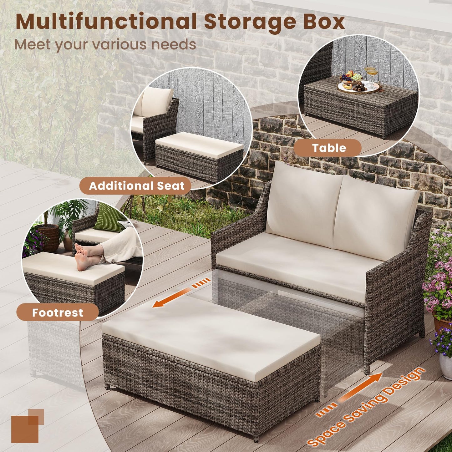 Outdoor PE Rattan Conversation Set with Built-in Storage Bin