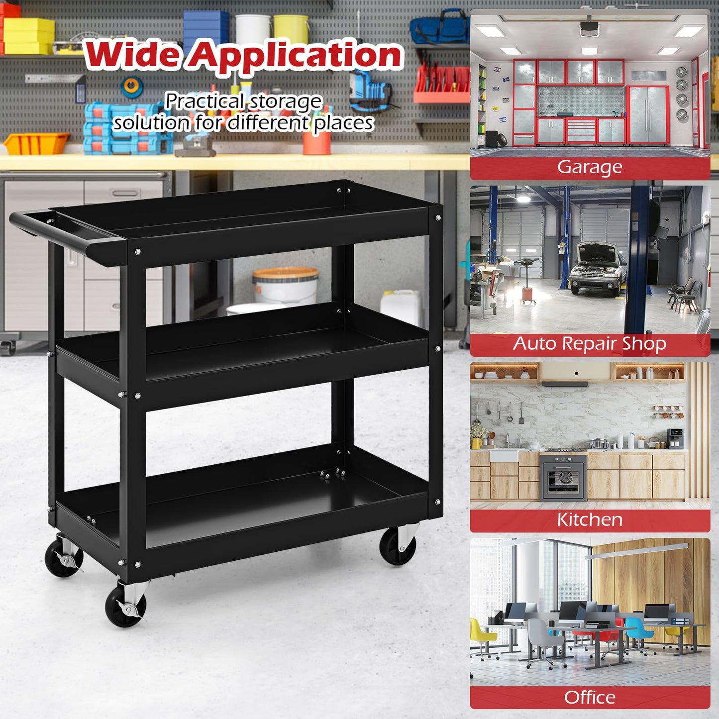 3-Tier Tool Trolley with Handle and Lockable Wheels