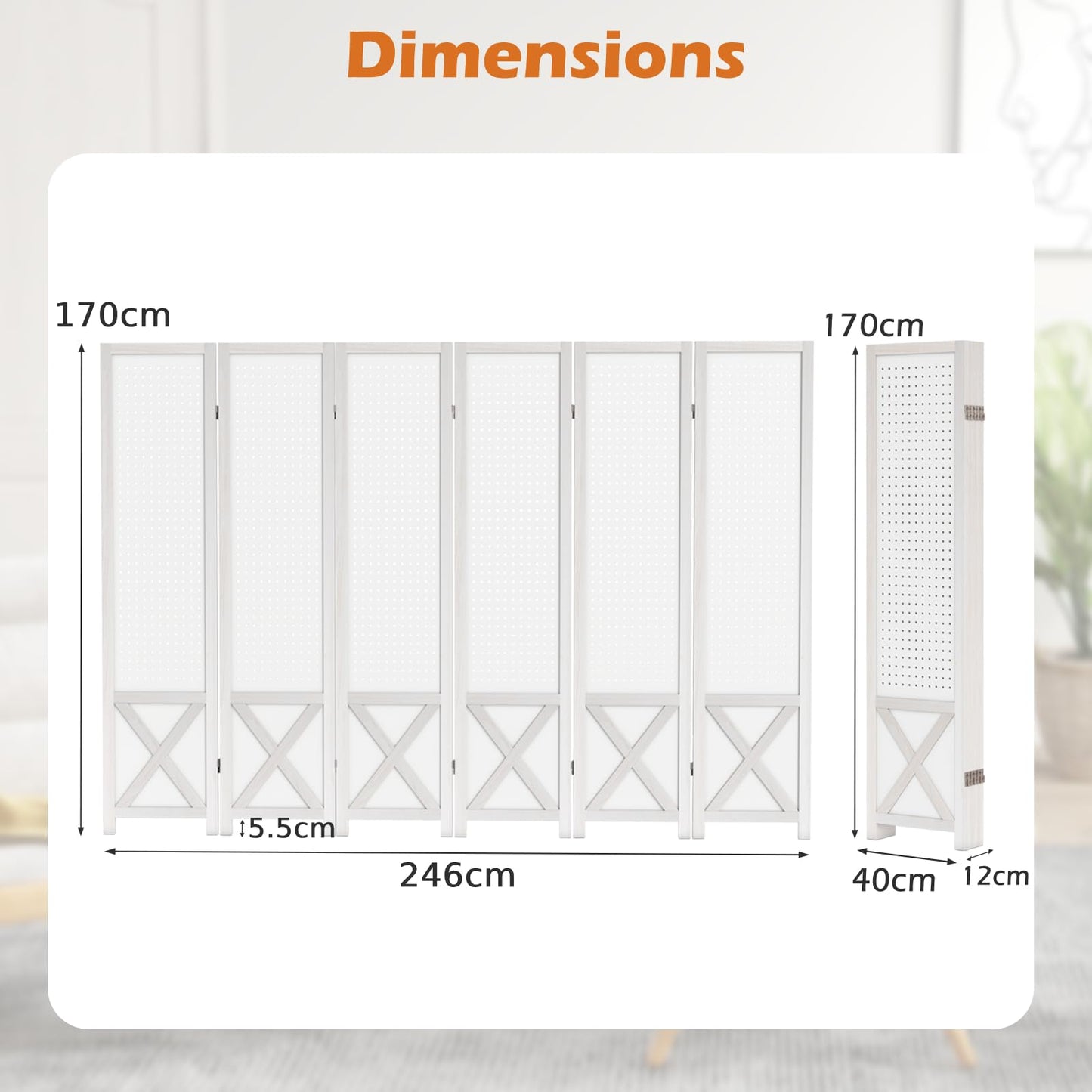 4/6 Panel Folding Room Divider with Pegboard Display