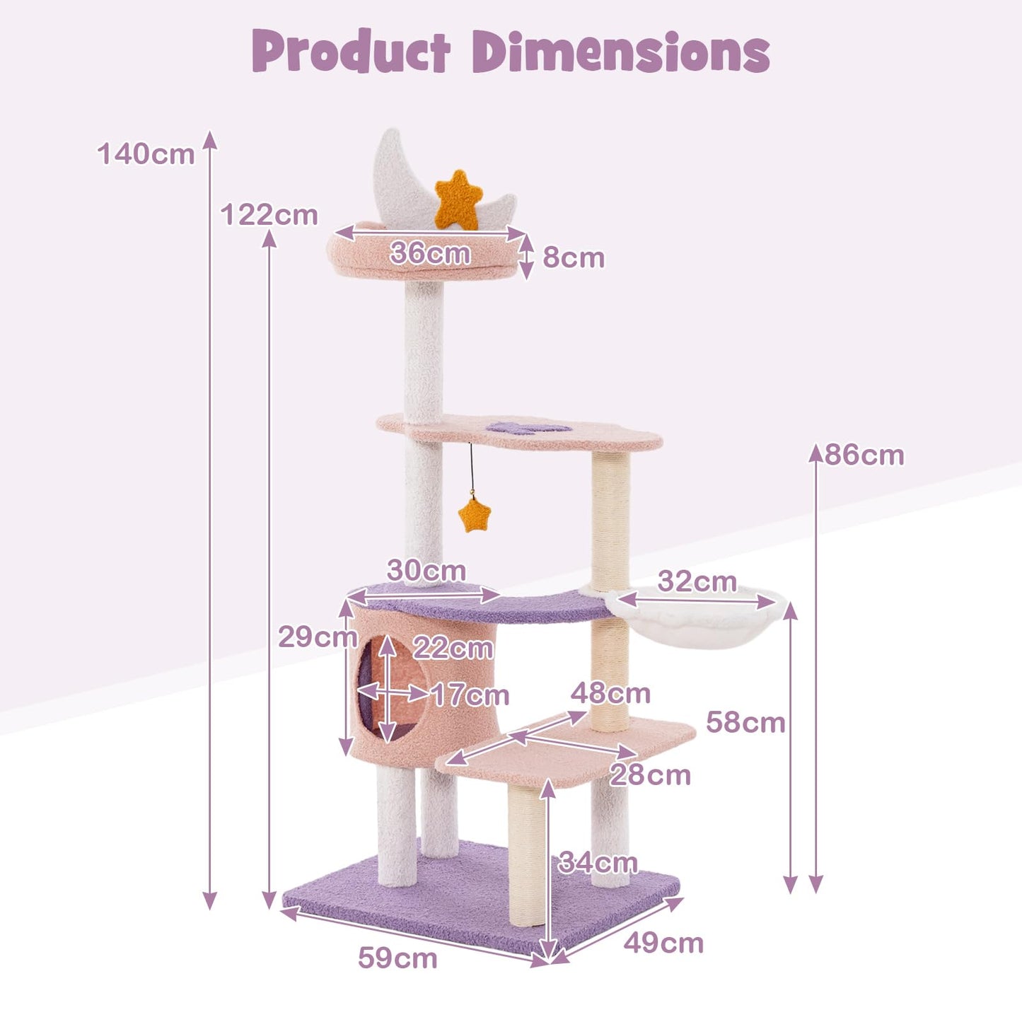 140cm Tall Multi-level Cat Climbing Tower with Sisal Covered Scratching Posts