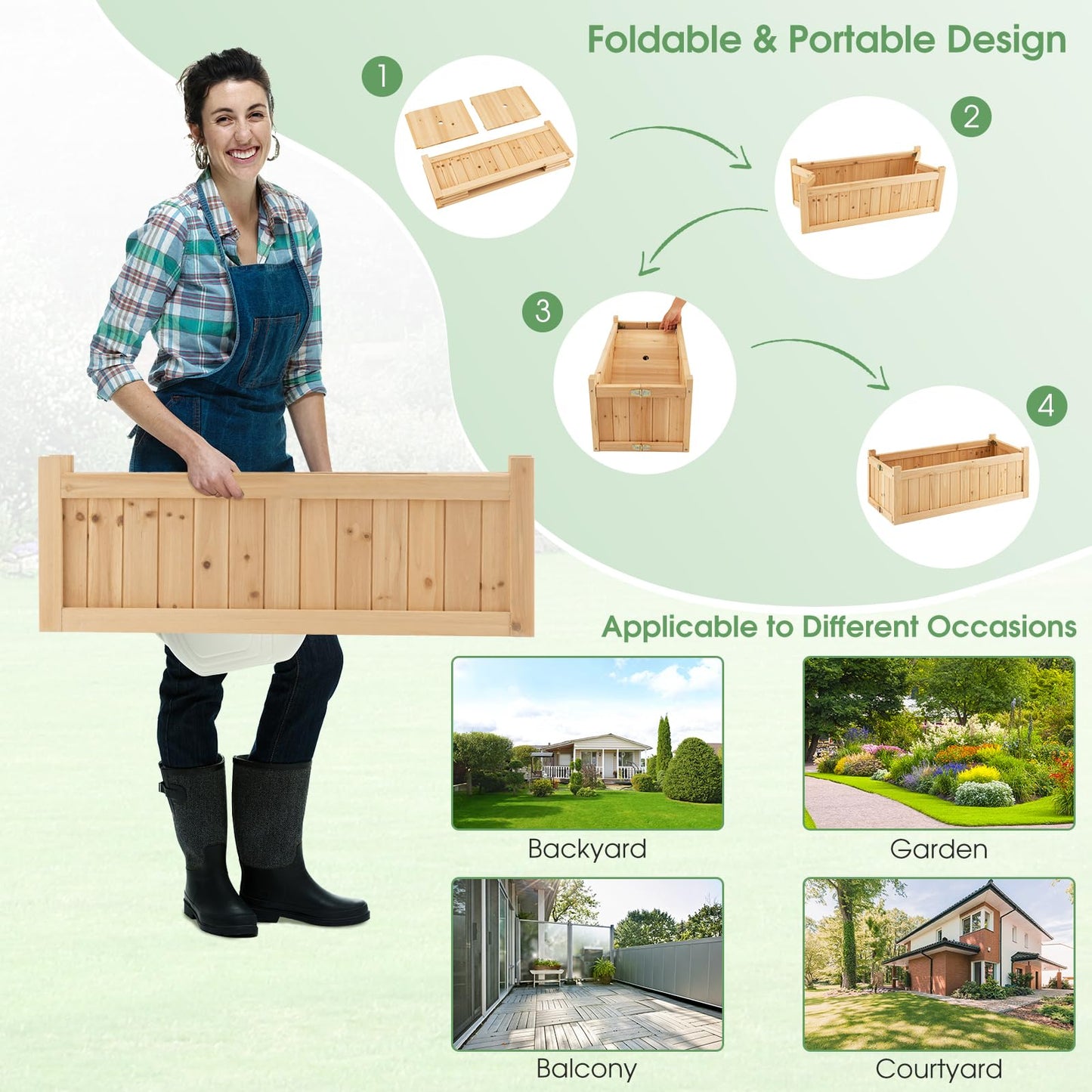 Folding Wooden Flower Planter with Drainage Hole (70 x 30 x 25cm)