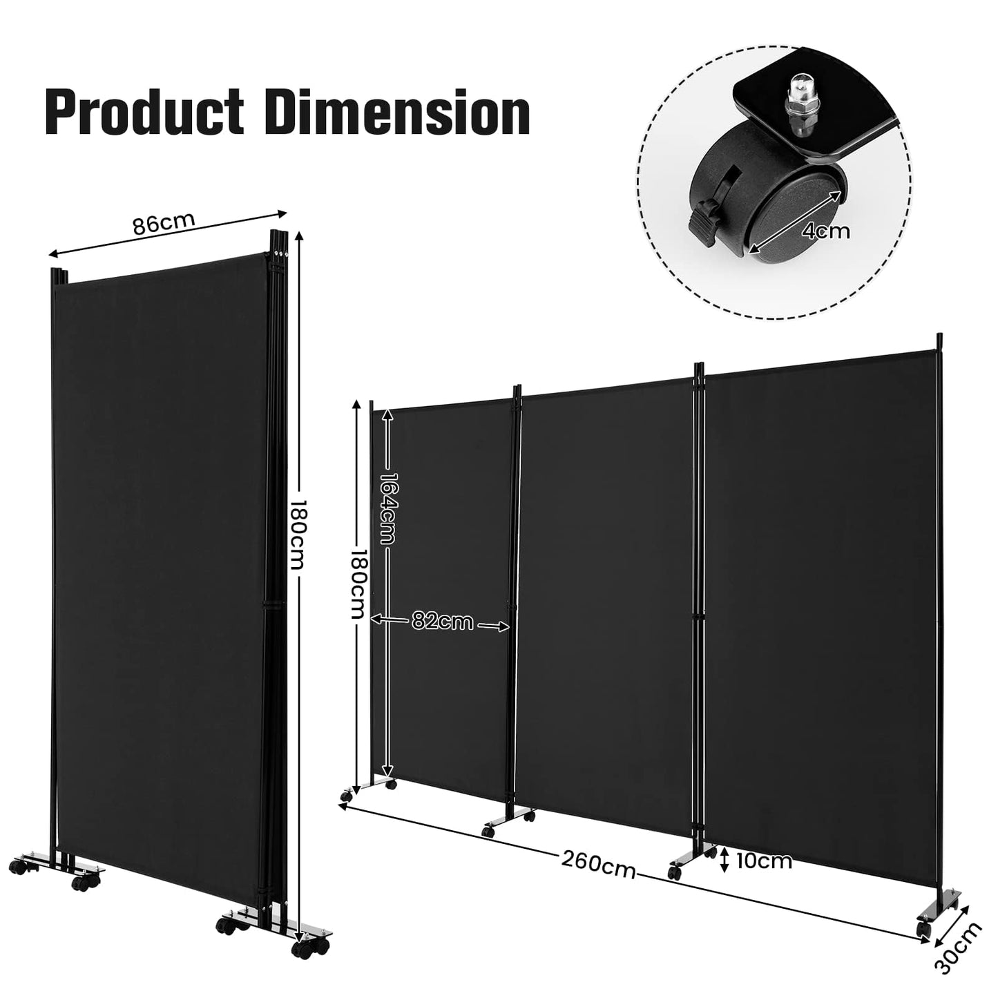 3-Panel Folding Room Divider with Wheels for Living Room Bedroom