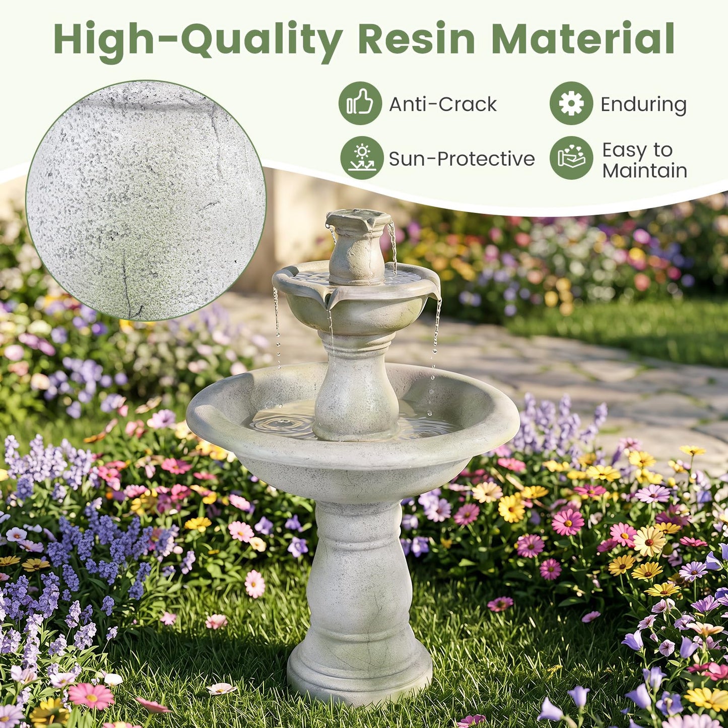 3-Tier Outdoor Water Fountain, 89cm Self-Contained Cascading Water Feature