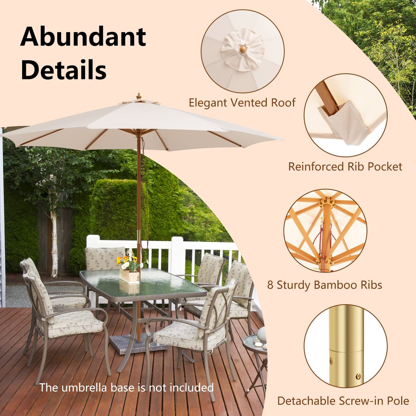 Pulley Operated Wood Patio Umbrella with 3 Gear Position and 8 Ribs
