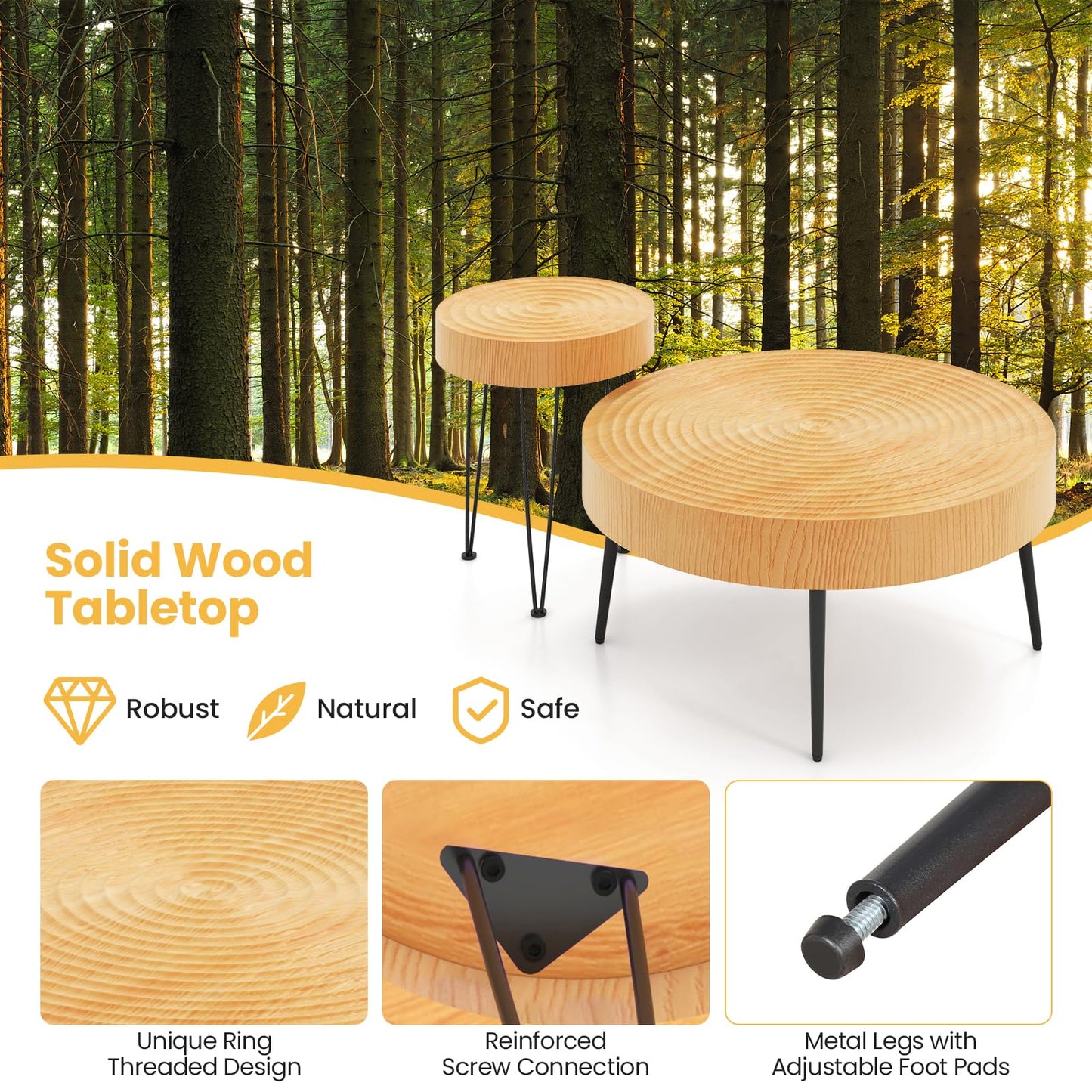 Solid Wood Center Nesting Tables Set of 2 with Water-ripple Tabletop
