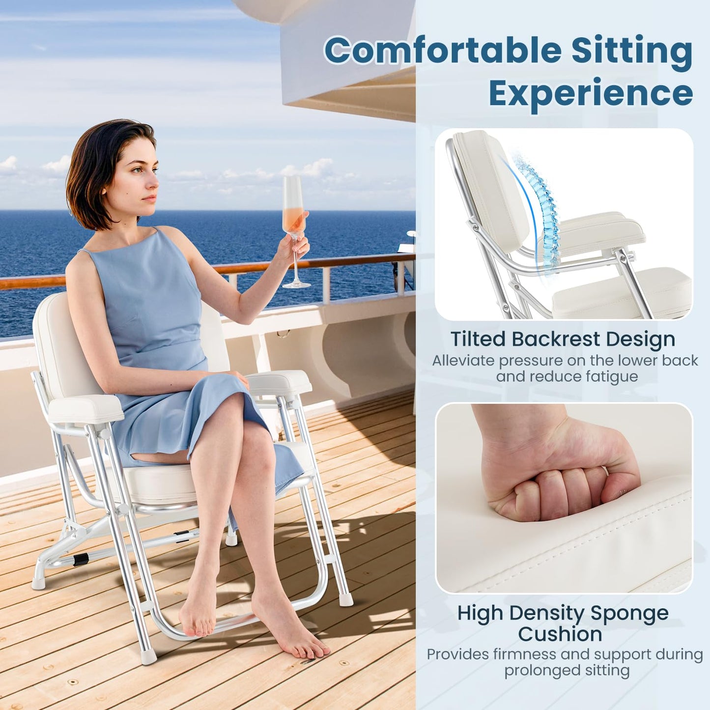 Upholstered Folding Deck Chair with Padded Backrest & Armrests