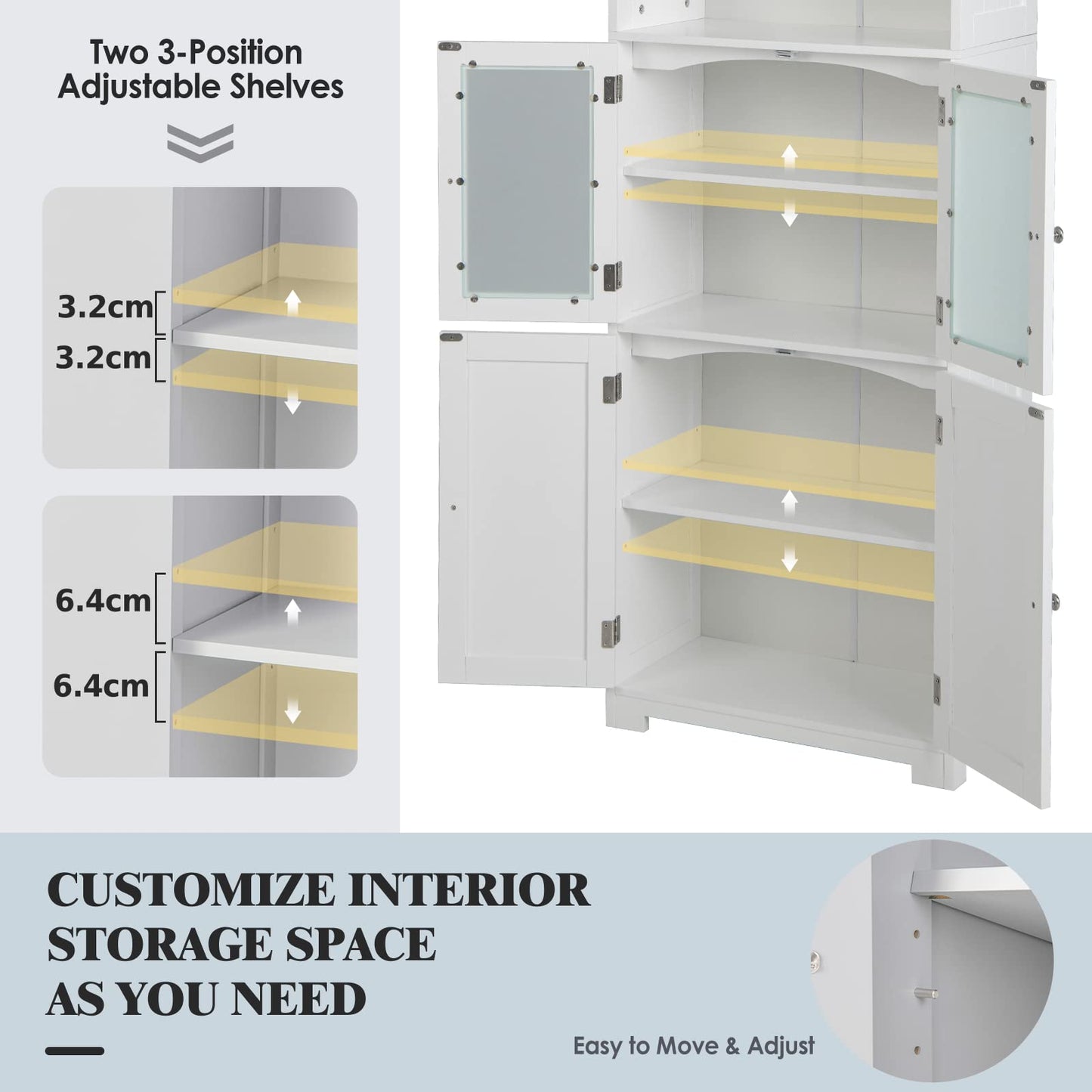 Freestanding Storage Cabinet with Tempered Glass Door and Open Shelves
