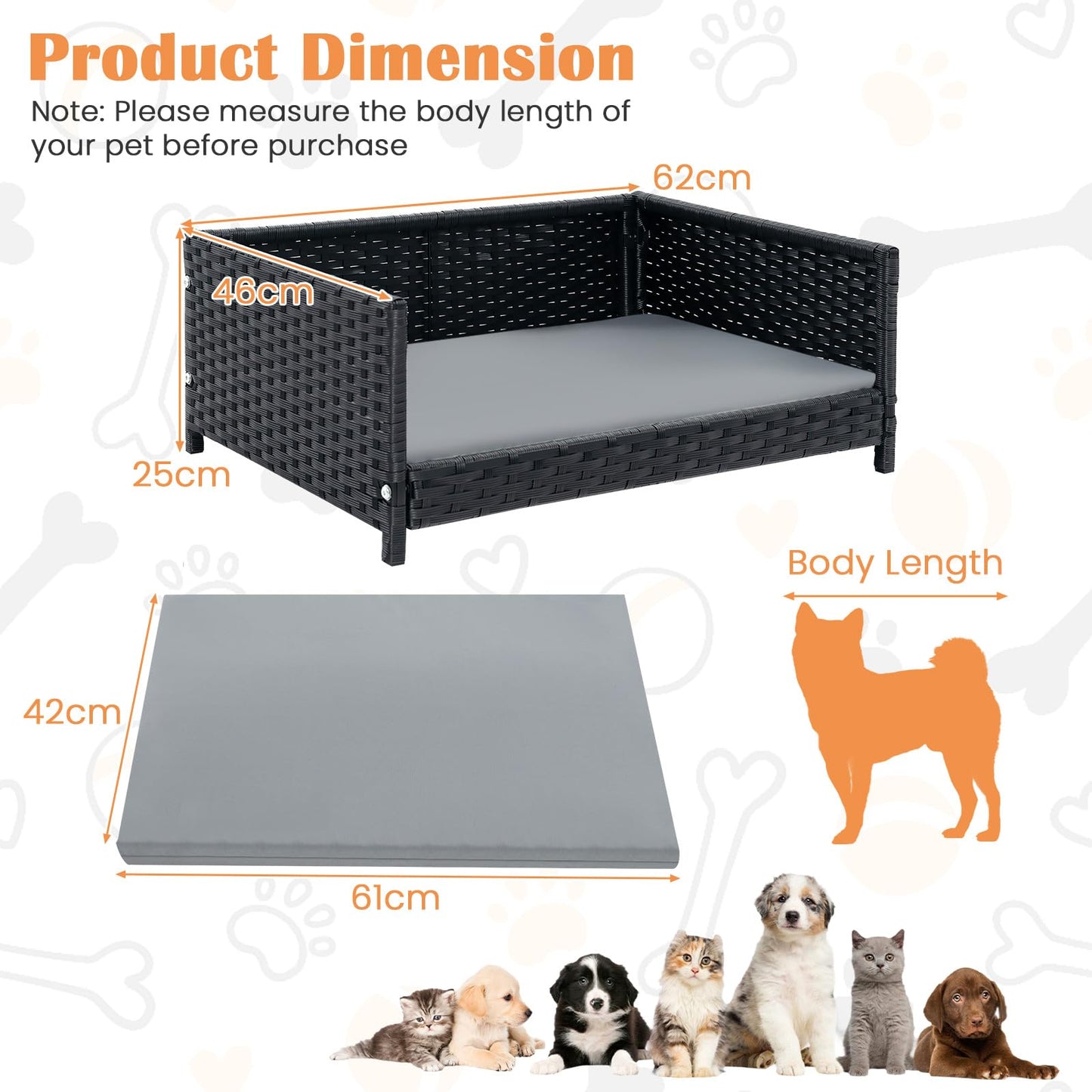 Handwoven Wicker Pet Bed Sofa Couch with Metal Frame and Cushion