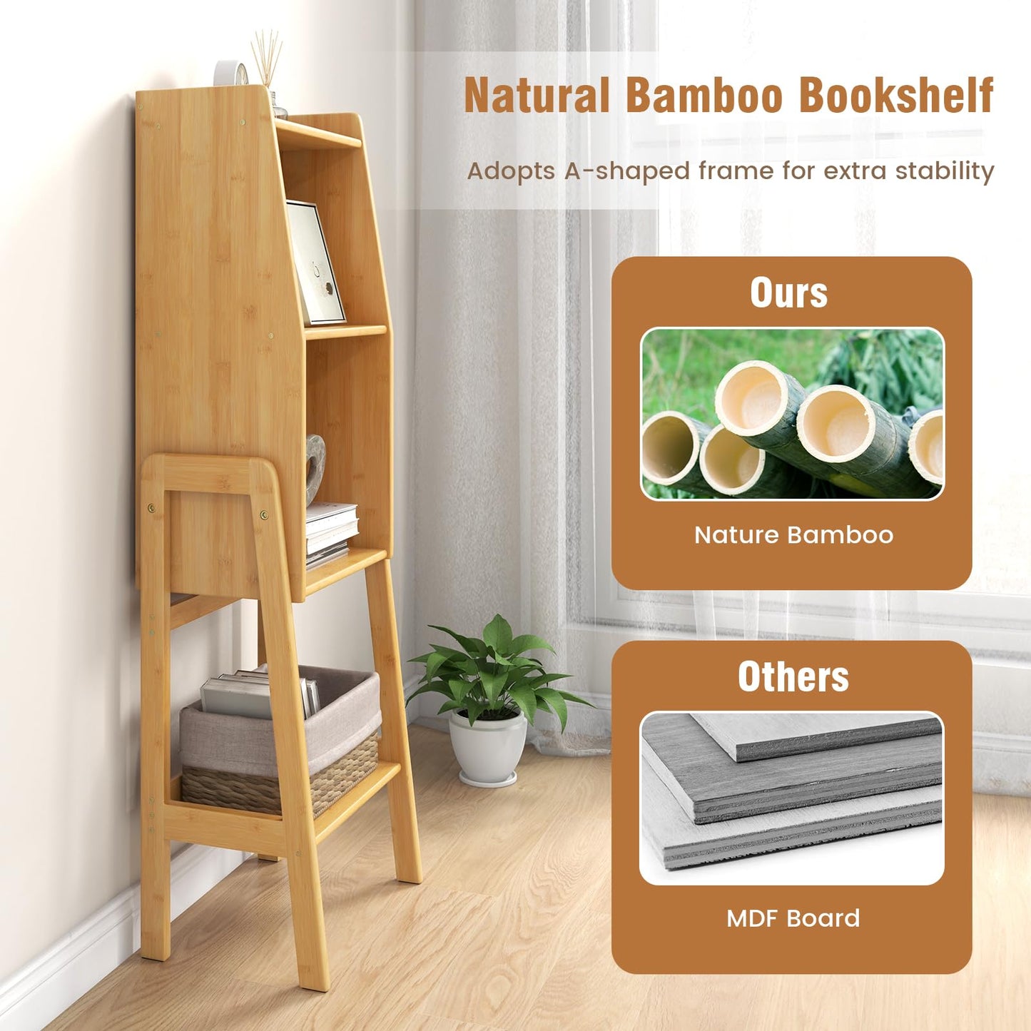 3 Tier Free Standing Tall Bamboo Bookshelf with Legs