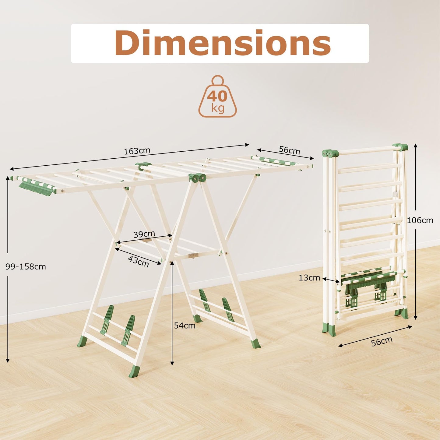 2-Level Clothes Airer Dryer Horse with Height-Adjustable Wings (163x56x99-158cm)