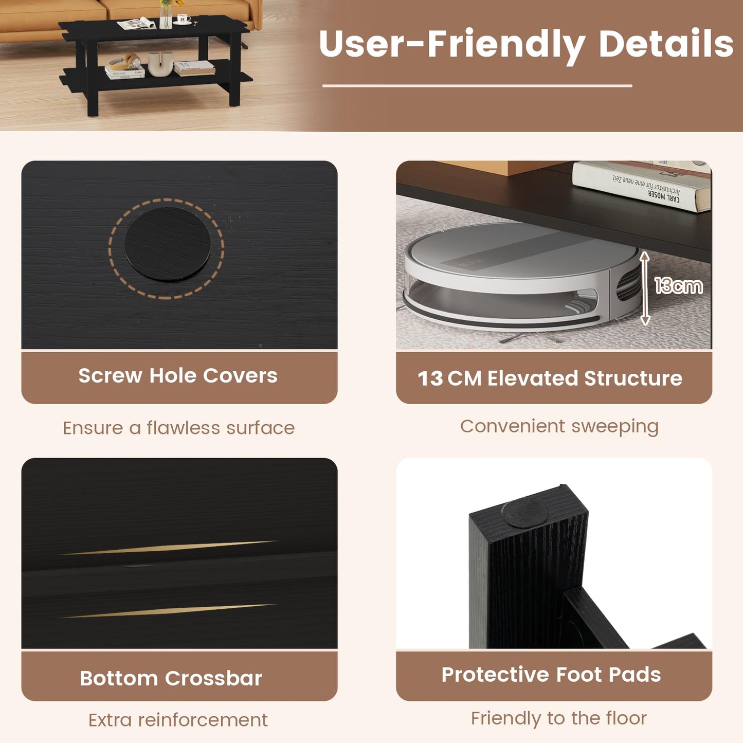 2 Tier Coffee Table with Storage Shelf for Living Room