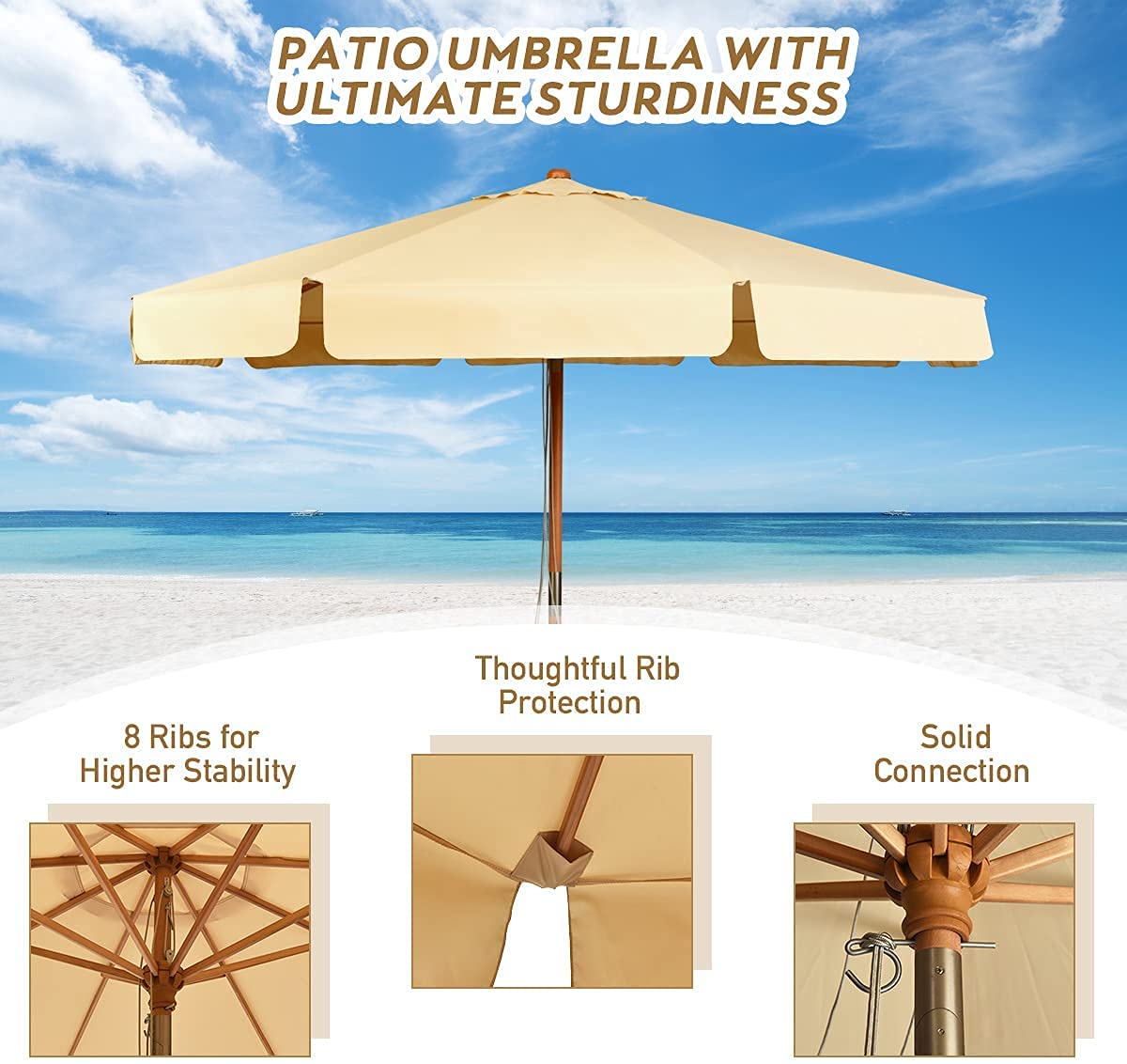 3M Garden Parasol Umbrella with Tilt Function and Wood Poles