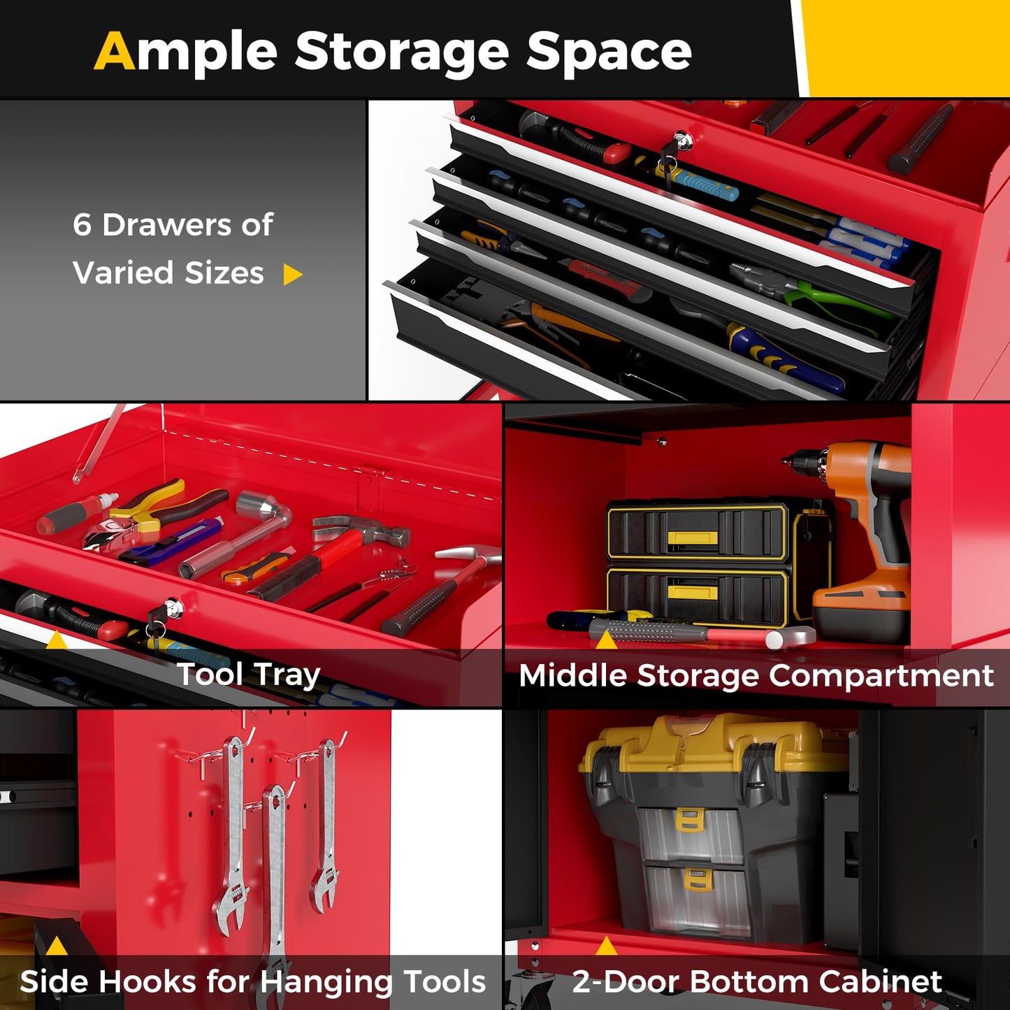 6 Drawer Rolling Tool Chest with Universal Wheels and Hooks