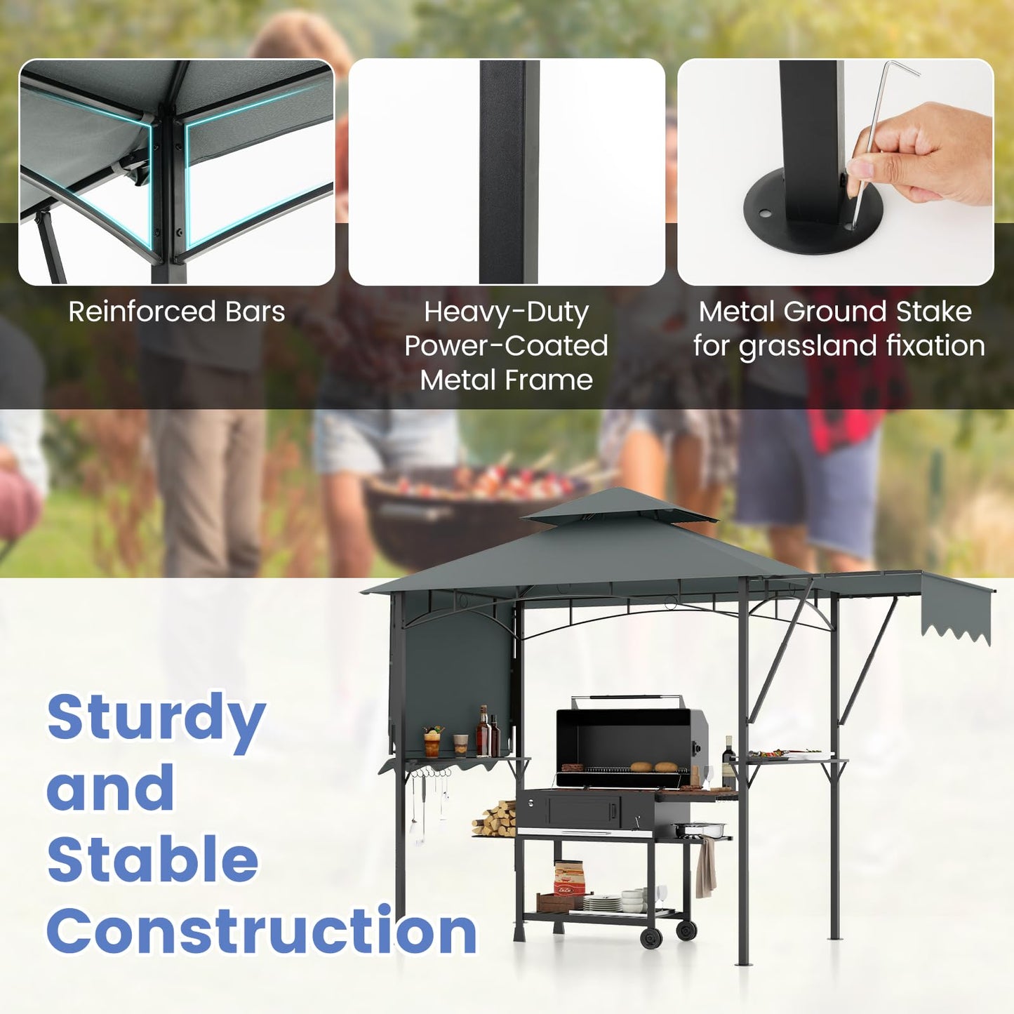398 x 153 cm Grill Gazebo with Dual Side Awnings and Adjustable Shadow