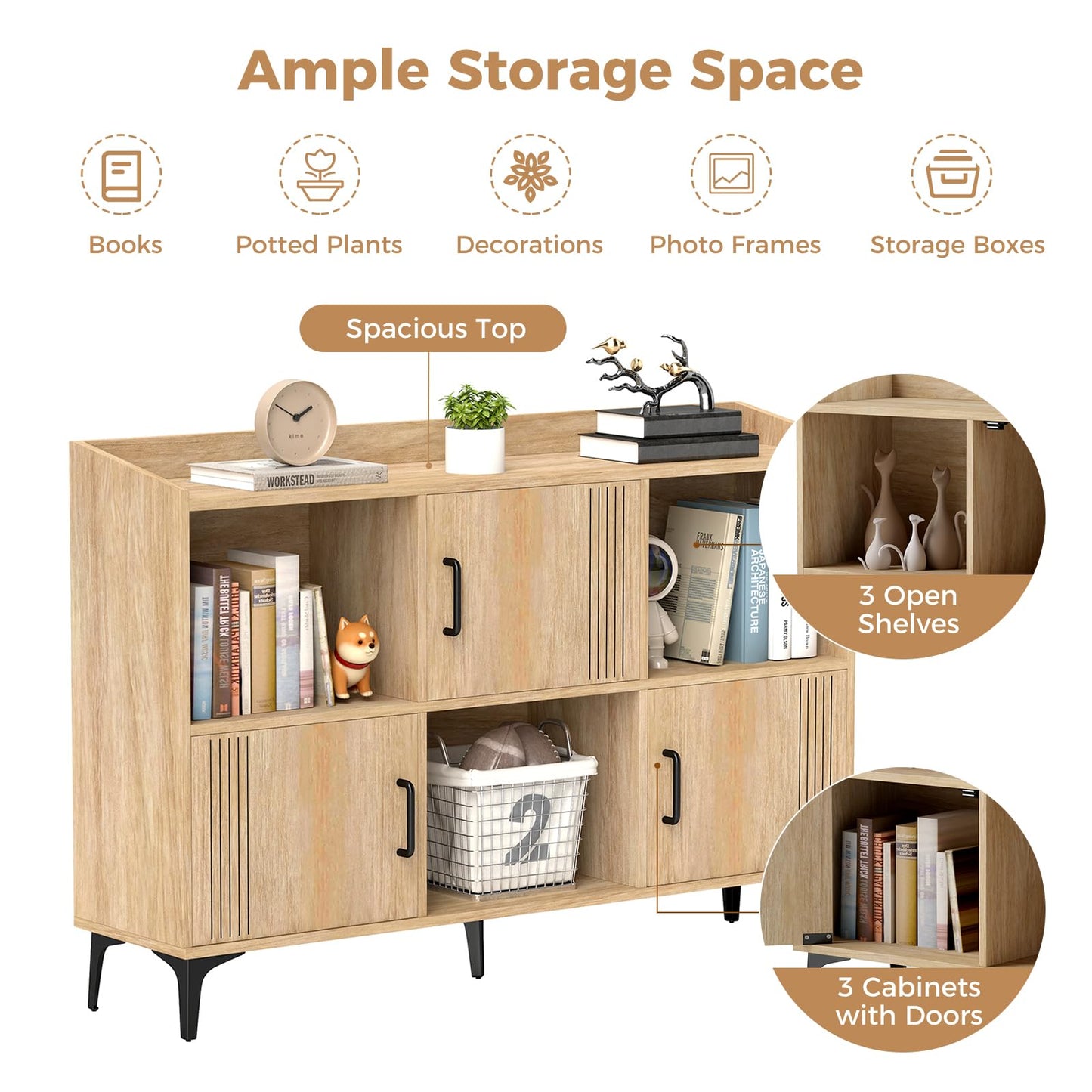 Sideboard Storage Cabinet Bookcase with 3 Doors and Open Compartments