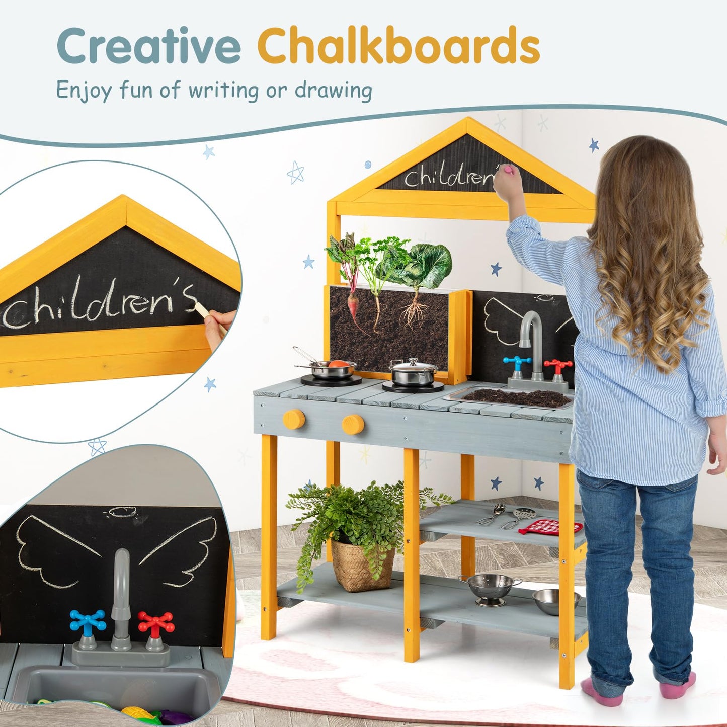 Kids Mud Kitchen Outdoor Kitchen Playset with Educational Plant Viewer