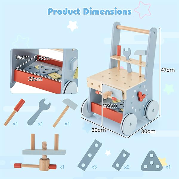 Wooden 2 in 1 Baby Walker and Toy Tool Bench with Activity Center