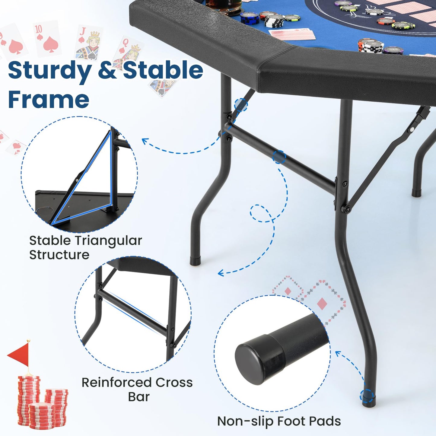 8 Player Foldable Poker Table with 8 Cup Holders