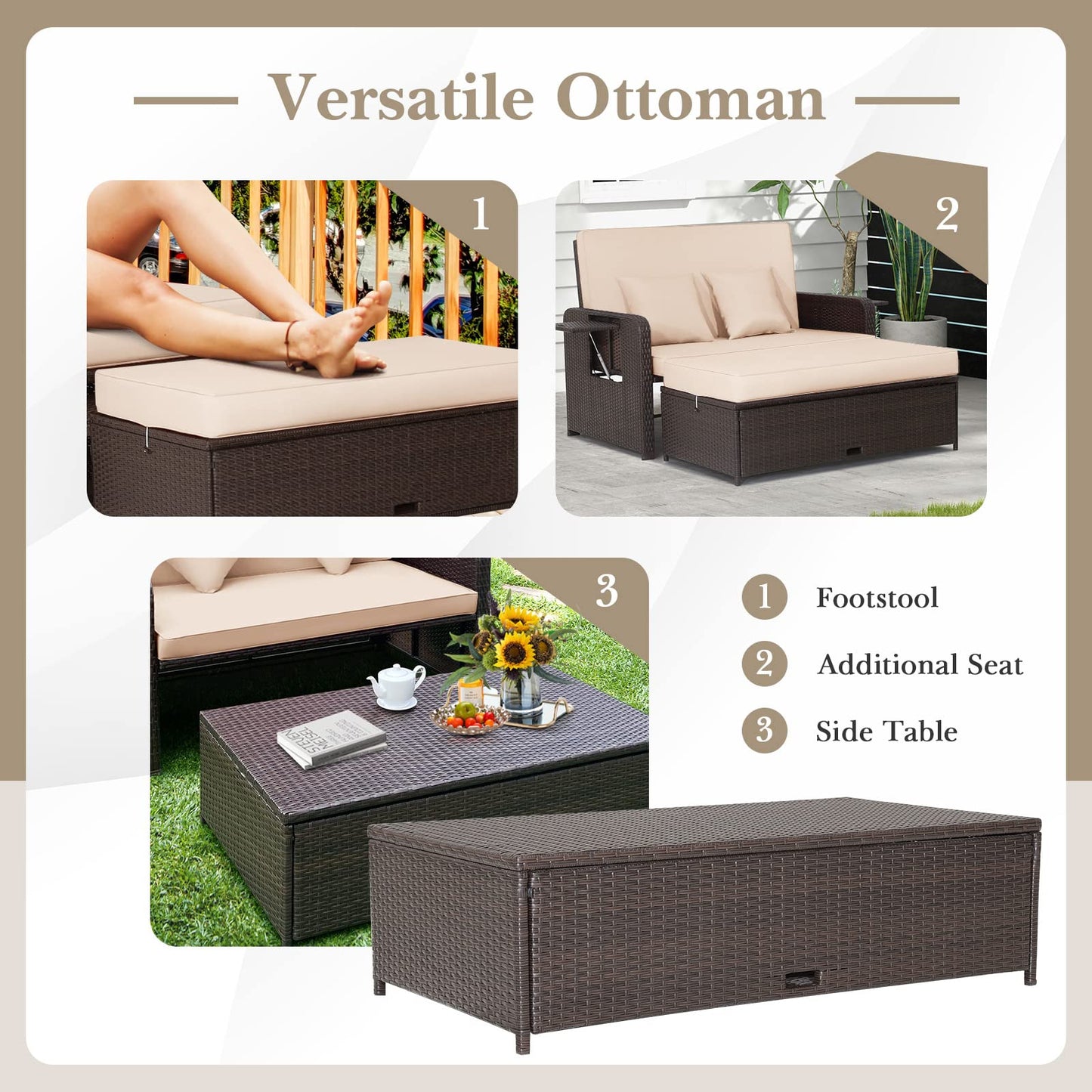 4-Level Adjustable Patio Wicker Loveseat Sofa Bed Sun Lounger with Storage Ottoman