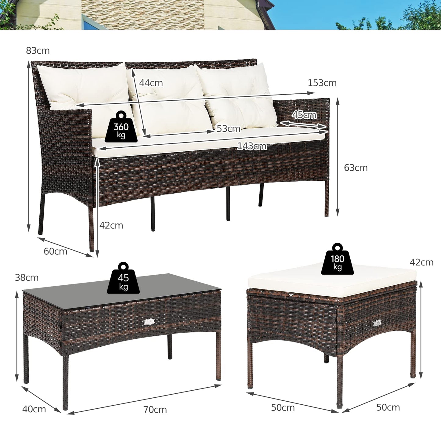 4 Seater Rattan Garden Furniture Set with Tempered Glass Table
