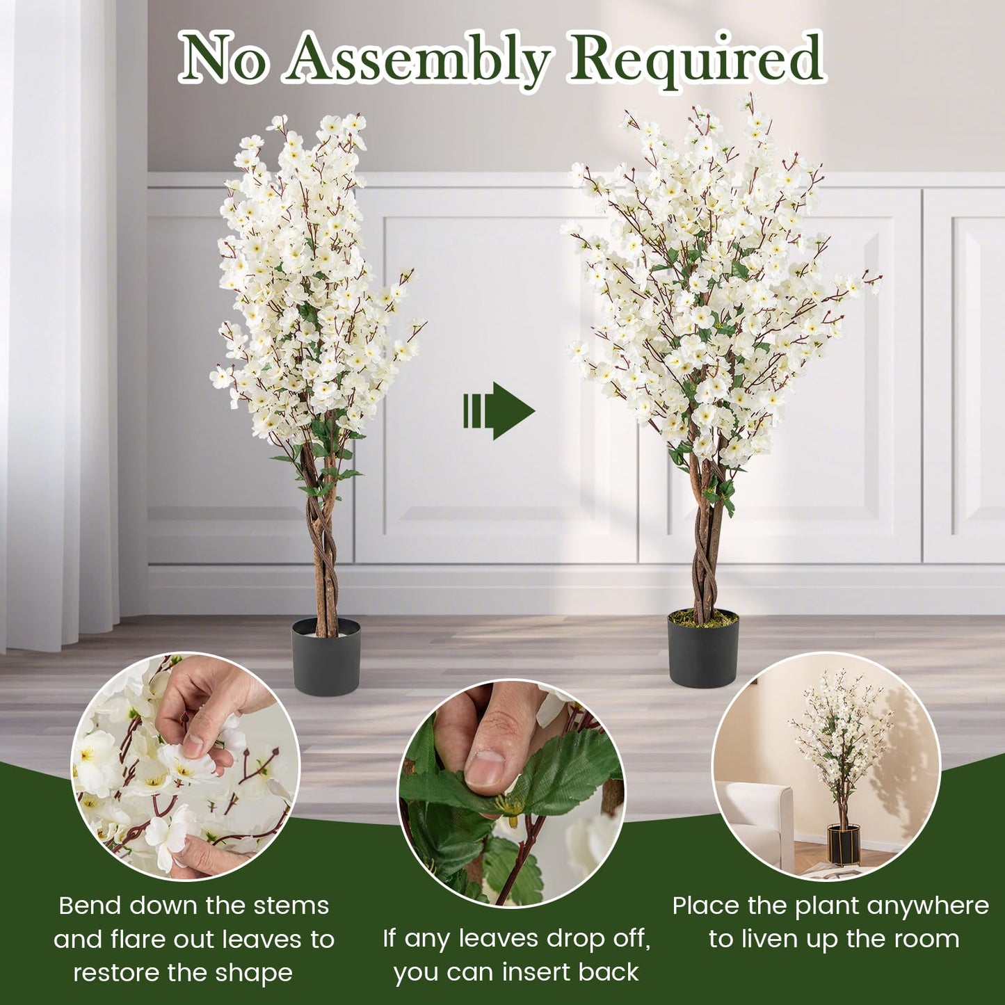 120CM Artificial Winter Sweet Tree with White Fabric Flower and Realistic Moss