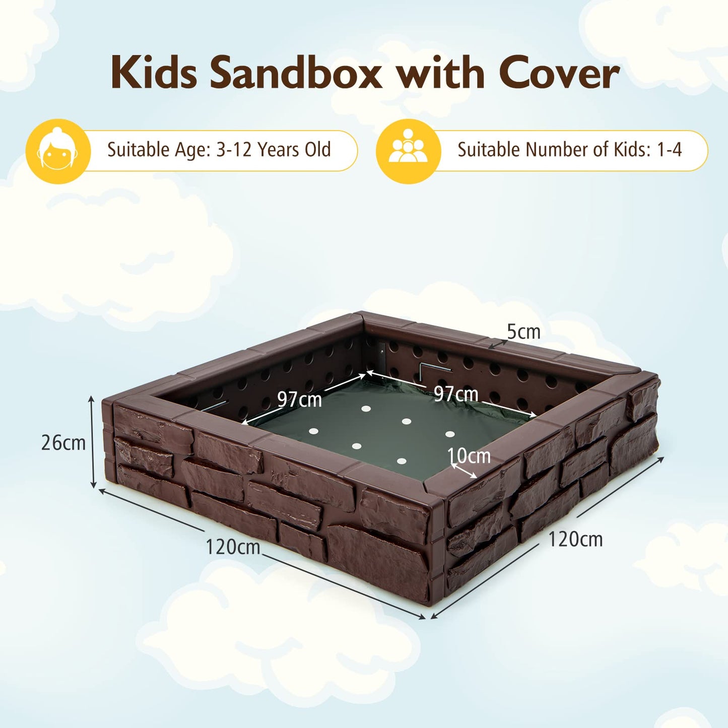 120 x 120cm Kids Sandbox with Cover and Bottom Liner