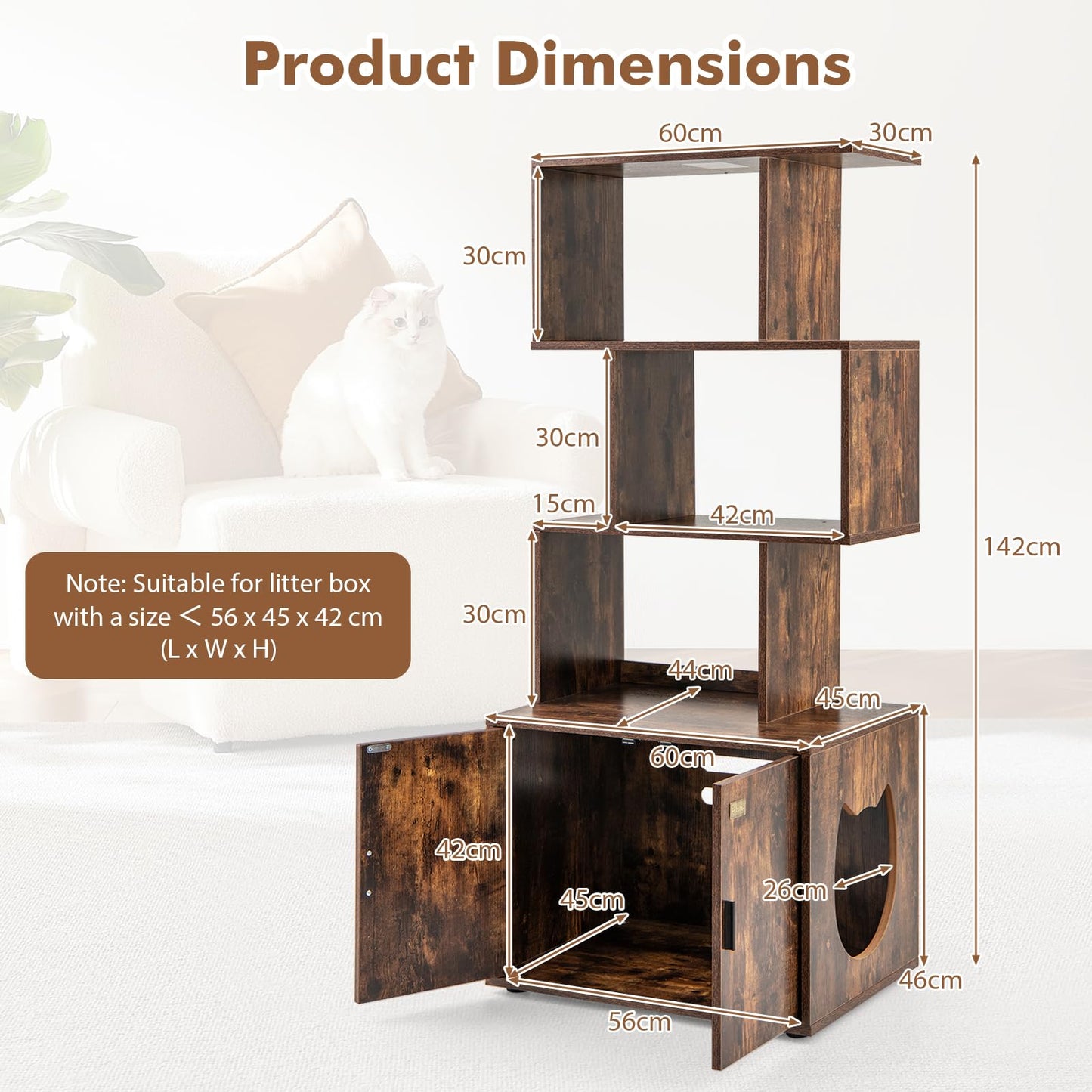 2 in 1 Hidden Cats Washroom Furniture with 3 Storage Shelves