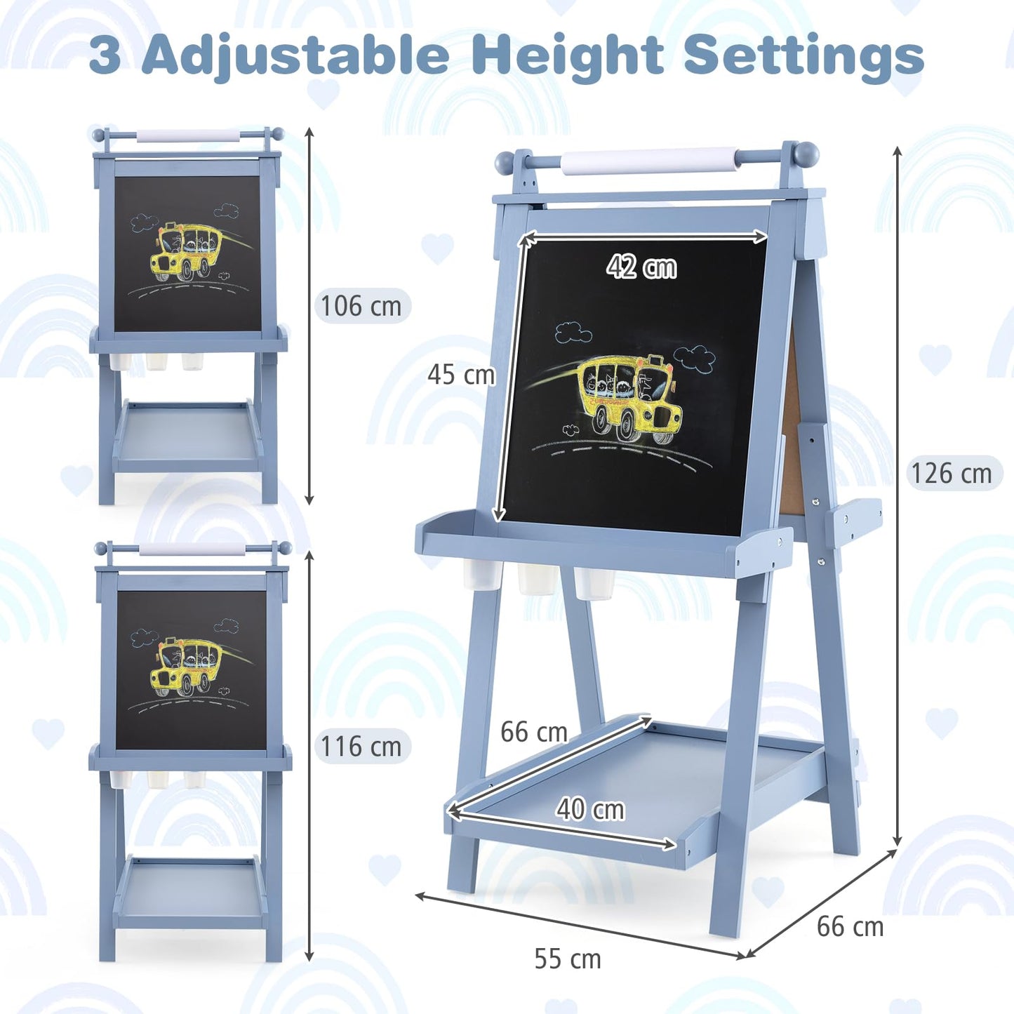 Kids Wooden Art Easel Double-Sided Height Adjustable Children Easel