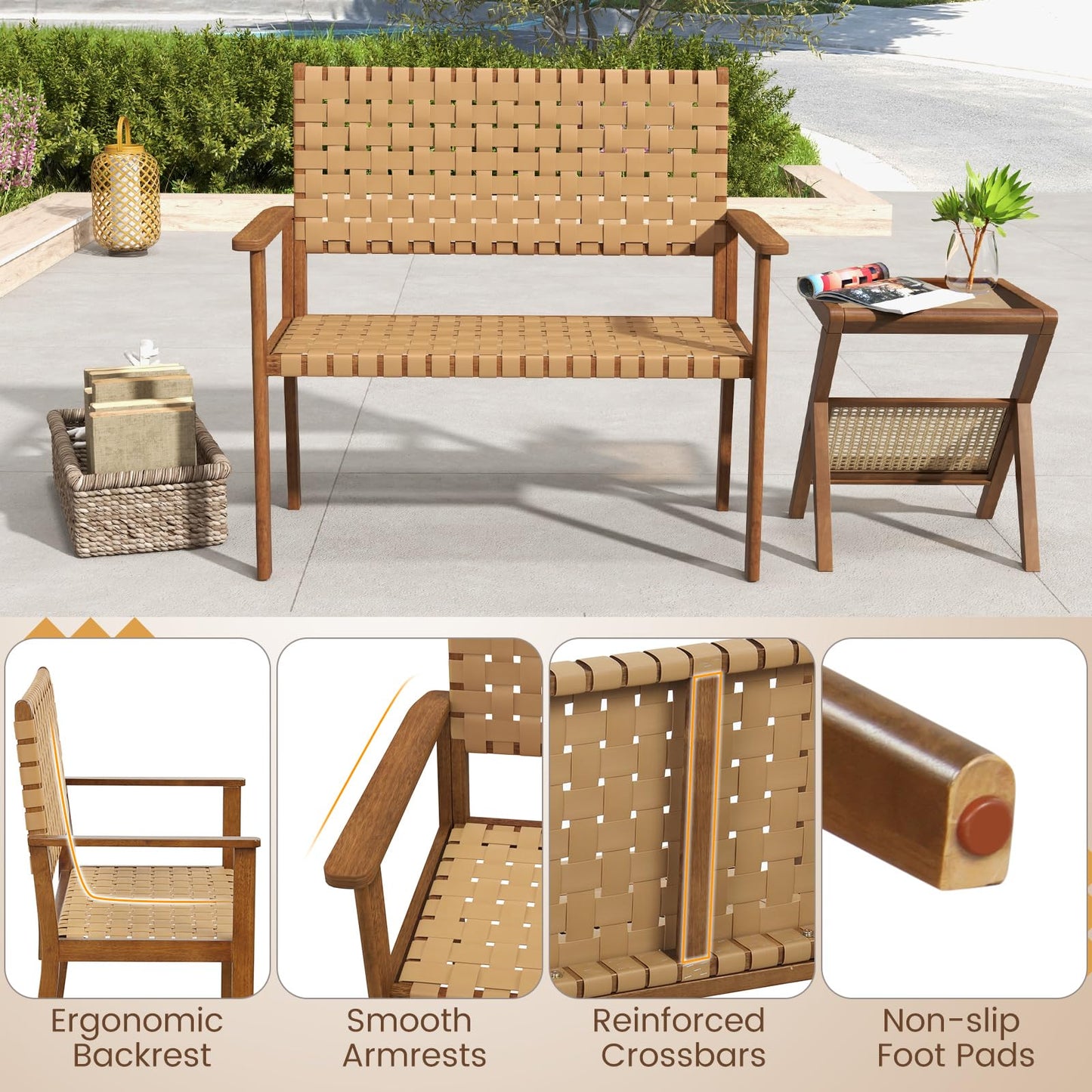 Outdoor All Weather Bench with Solid Rubber Wood Frame and Hand Woven PU Leather