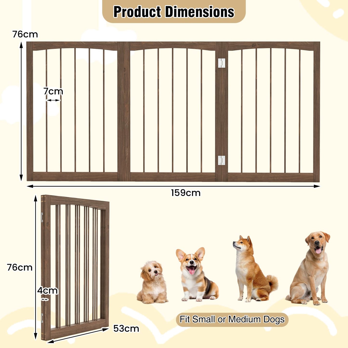 76 CM Tall Pet Gate Wooden Dog Fence 3-Panel Room Divider Barrier