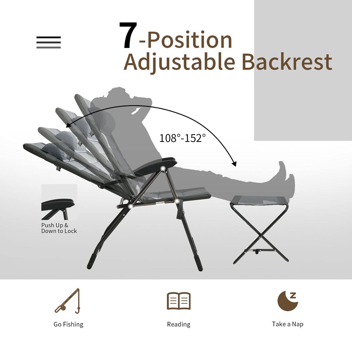 Set of 2 Patio Dining Chairs and Ottoman with 7-Position Adjustable Backrest