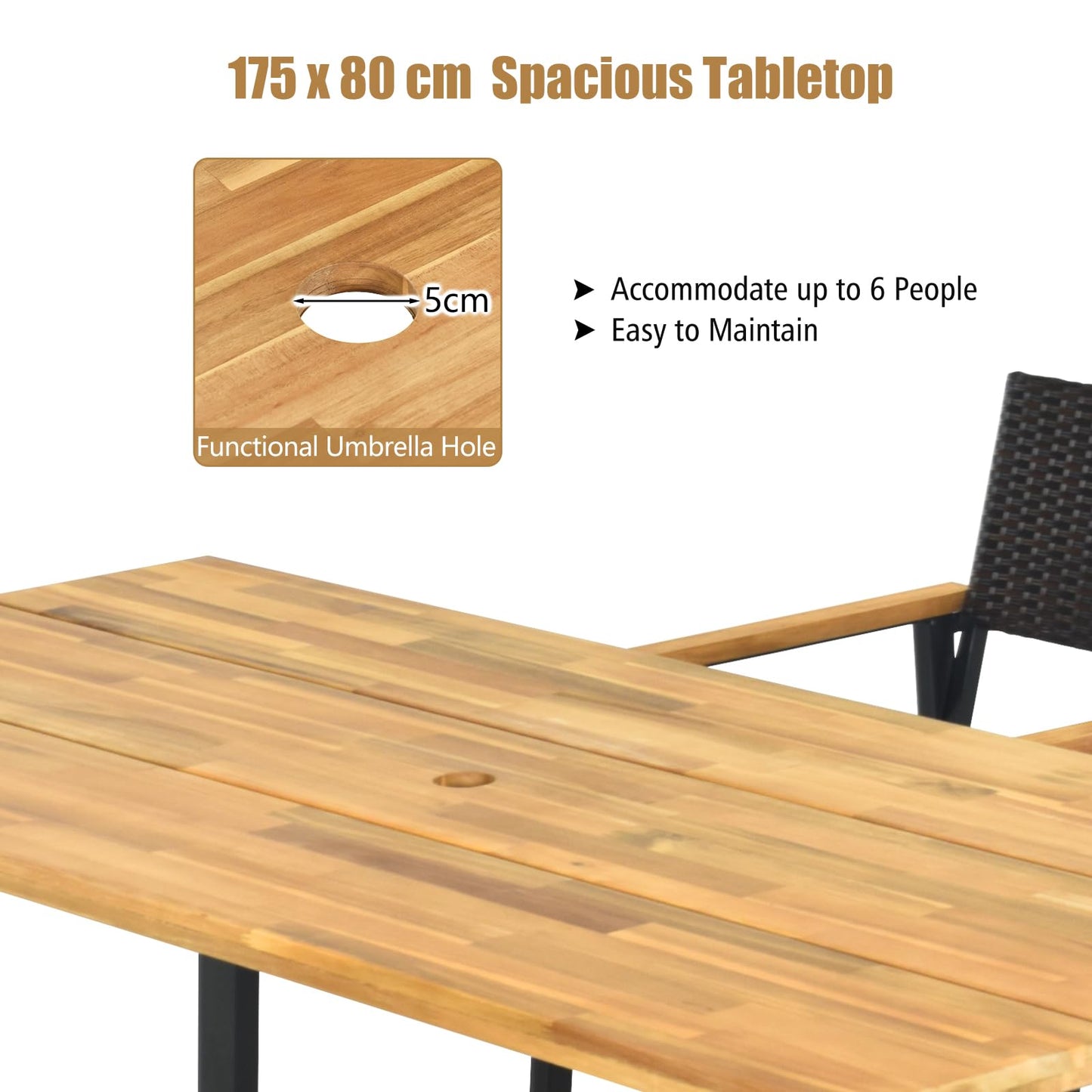 175 x 80cm Patio Rectangle Dining Table for 6 Person with Umbrella Hole