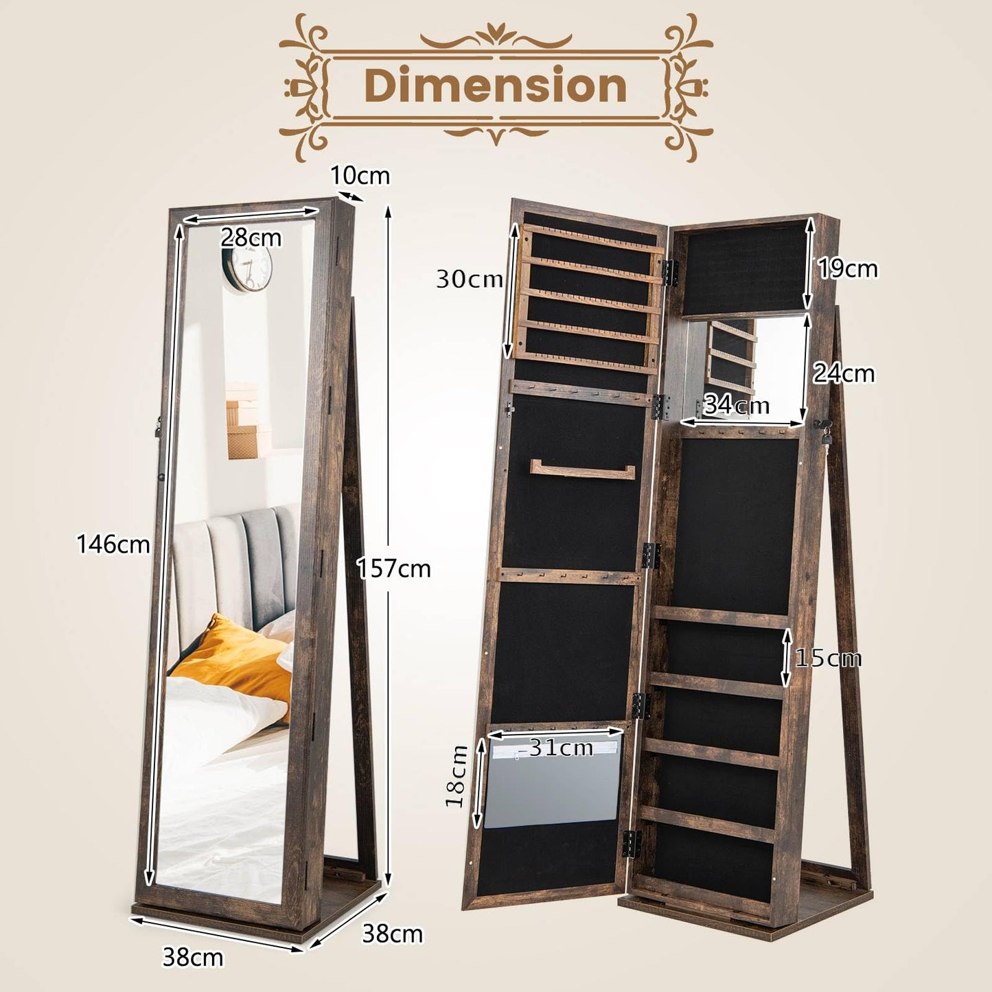 3-in-1 Mirrored Jewelry Armoire with Display Shelves