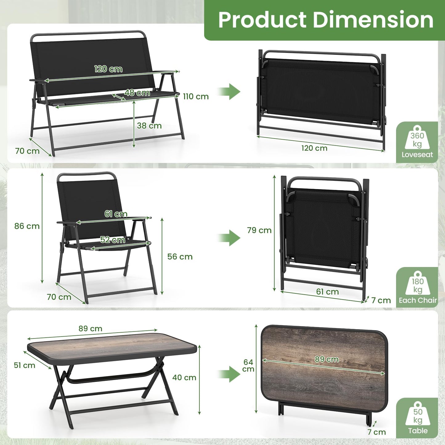 4-Piece Folding Patio Conversation Set with Coffee Table