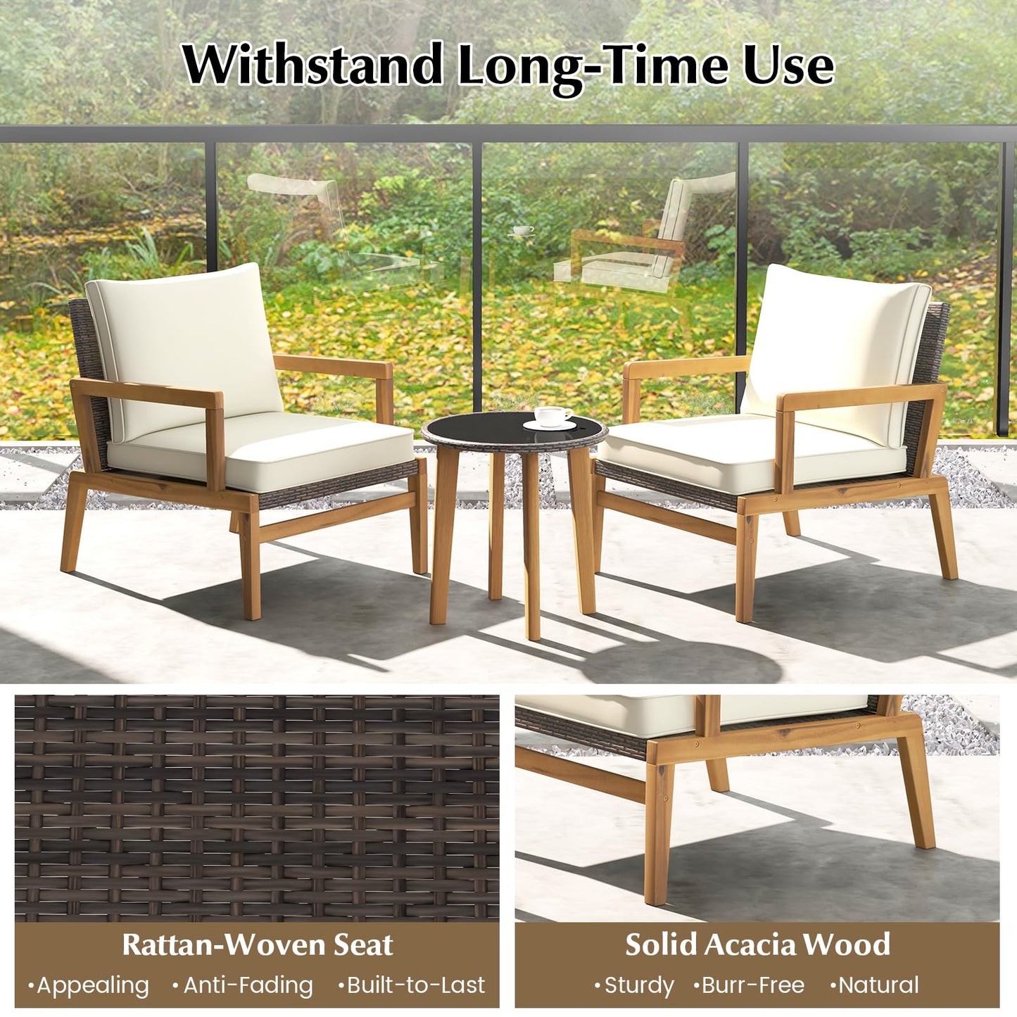 Wooden Patio Bistro Set with Soft Cushions and Tempered Glass Tabletop,