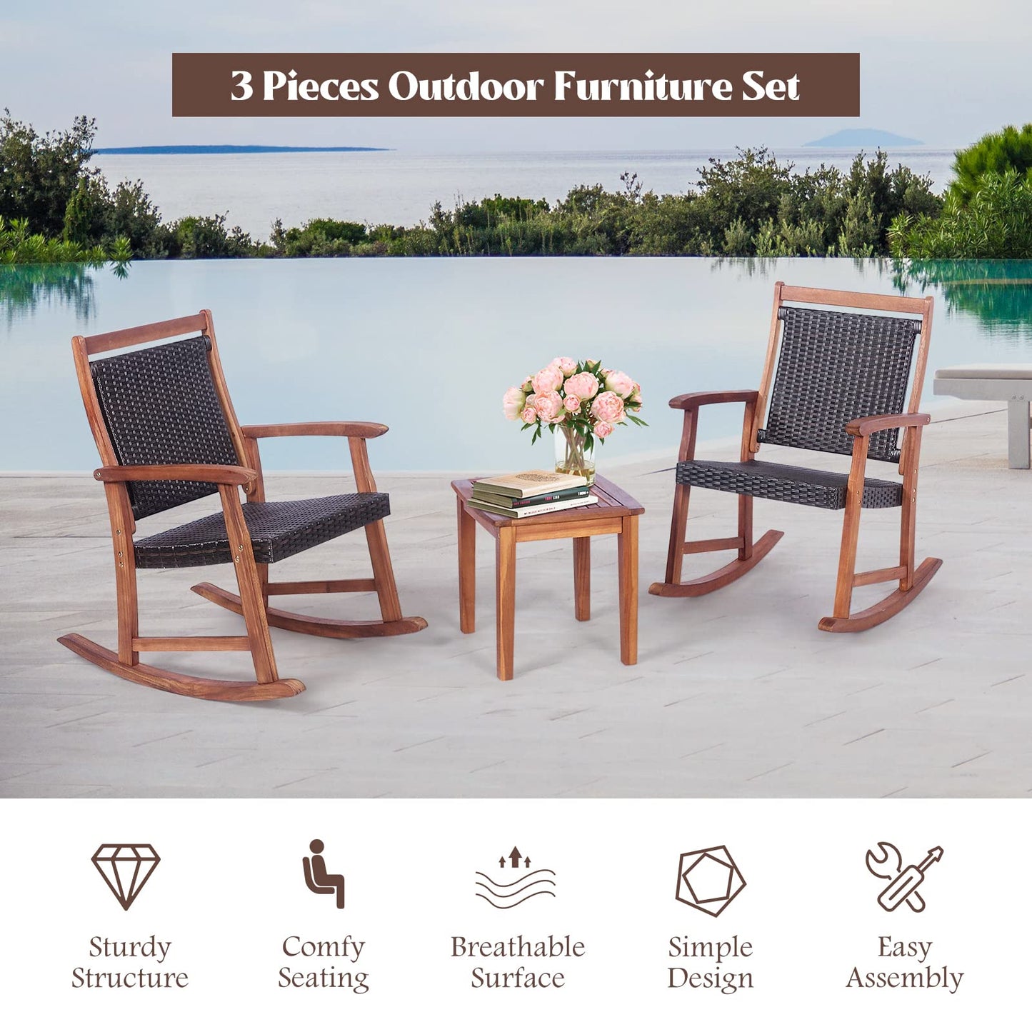 3 Piece Outdoor Rocking Table Chairs Set