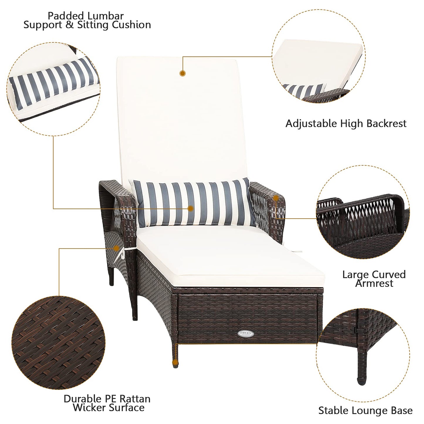 Rattan Sun Lounger with Removable Cushion and Pillow for Outdoor