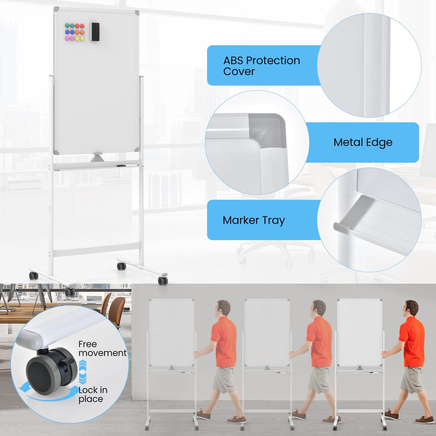 Double Sided Magnetic Whiteboard, Height Adjustable Mobile Dry Erase Board with Black Markers (90 x 60cm)