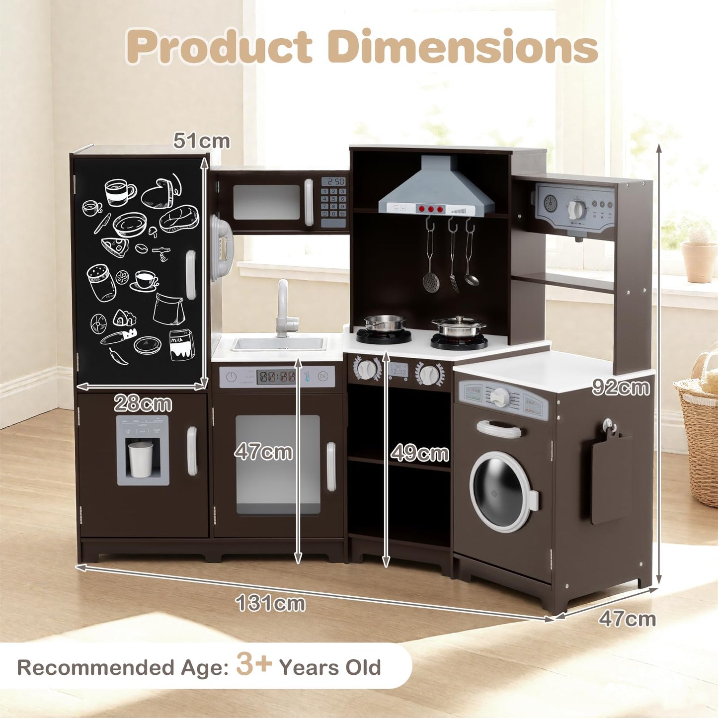 Corner Wooden Play Kitchen with Lights Sounds Toy Kitchen Playset