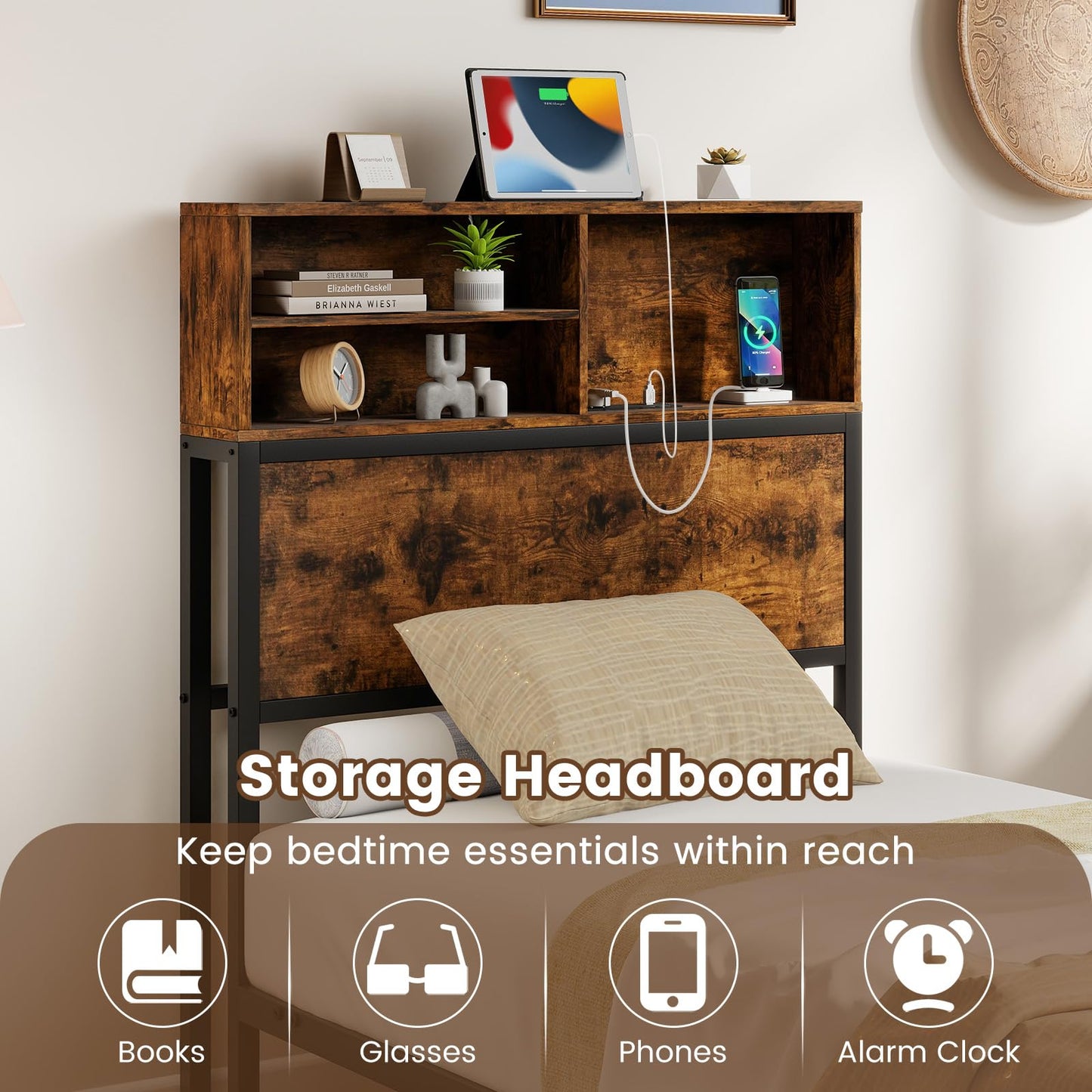 Bed Frame with Charging Station and Storage Headboard