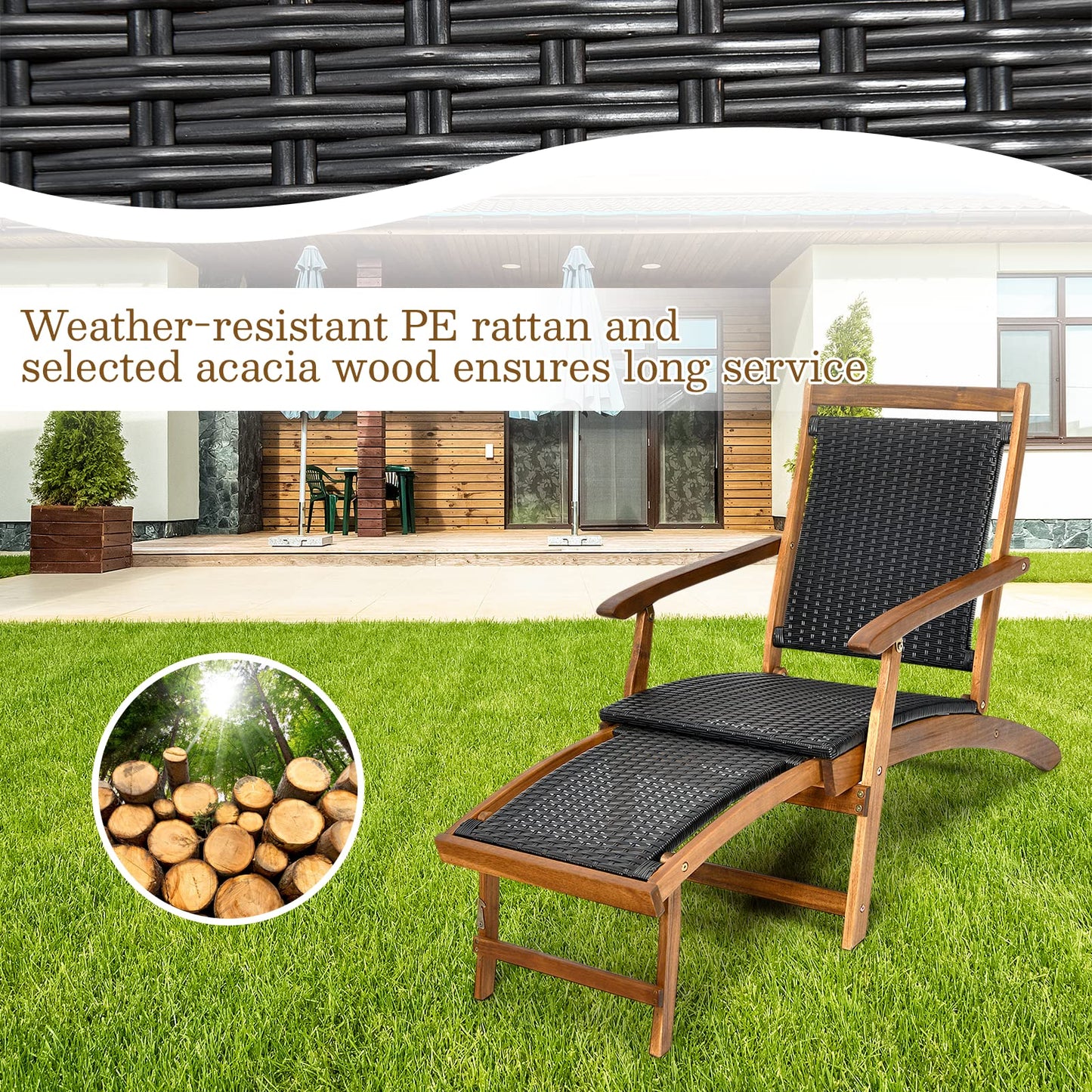 Acacia Wood Rattan Deck Chair with Retractable Footrest