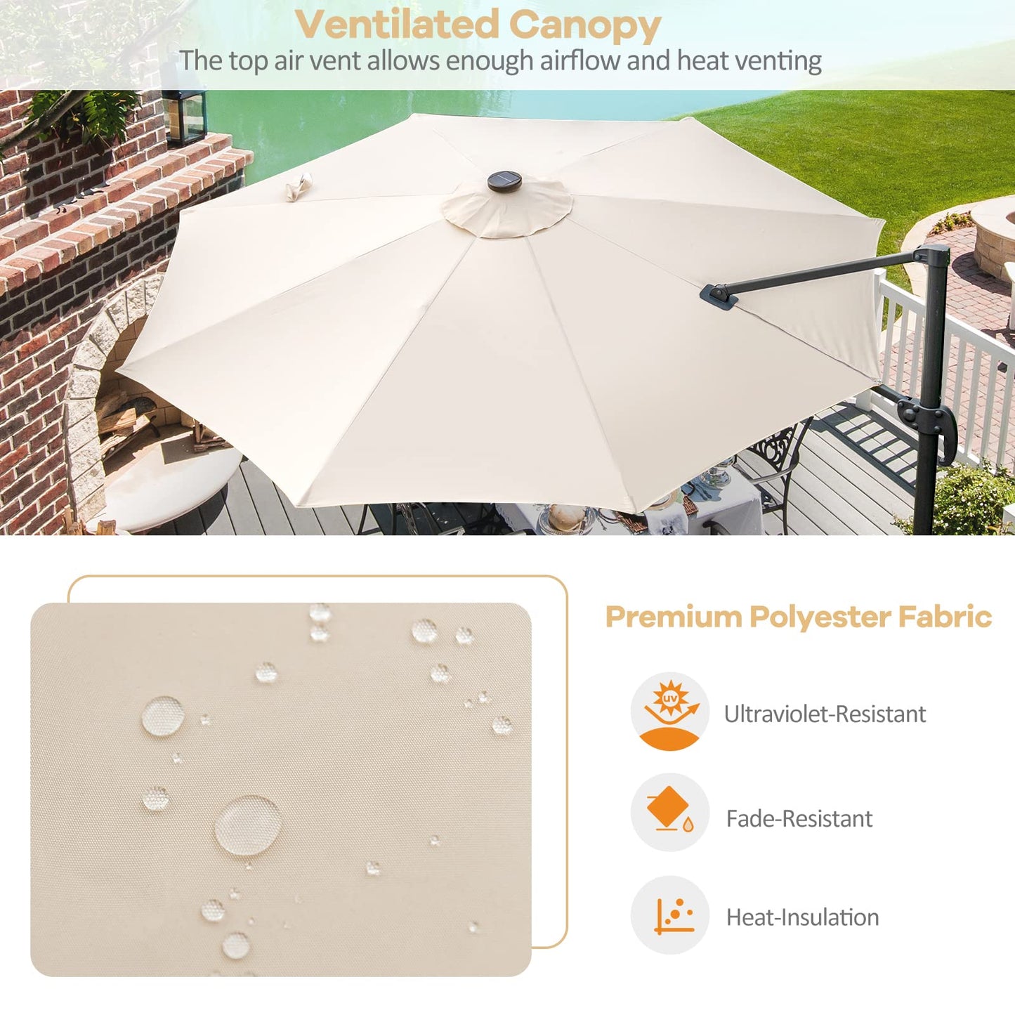 3m Garden Parasol with with Solar-Powered LED & Winding Crank