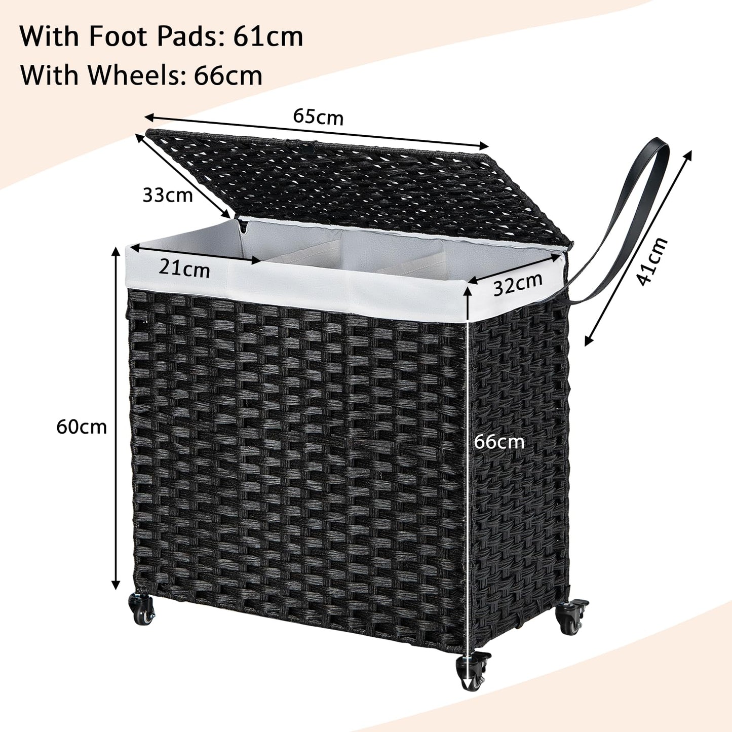 Laundry Hamper with Lid and Wheels and 2 Removable and Washable Liner Bags