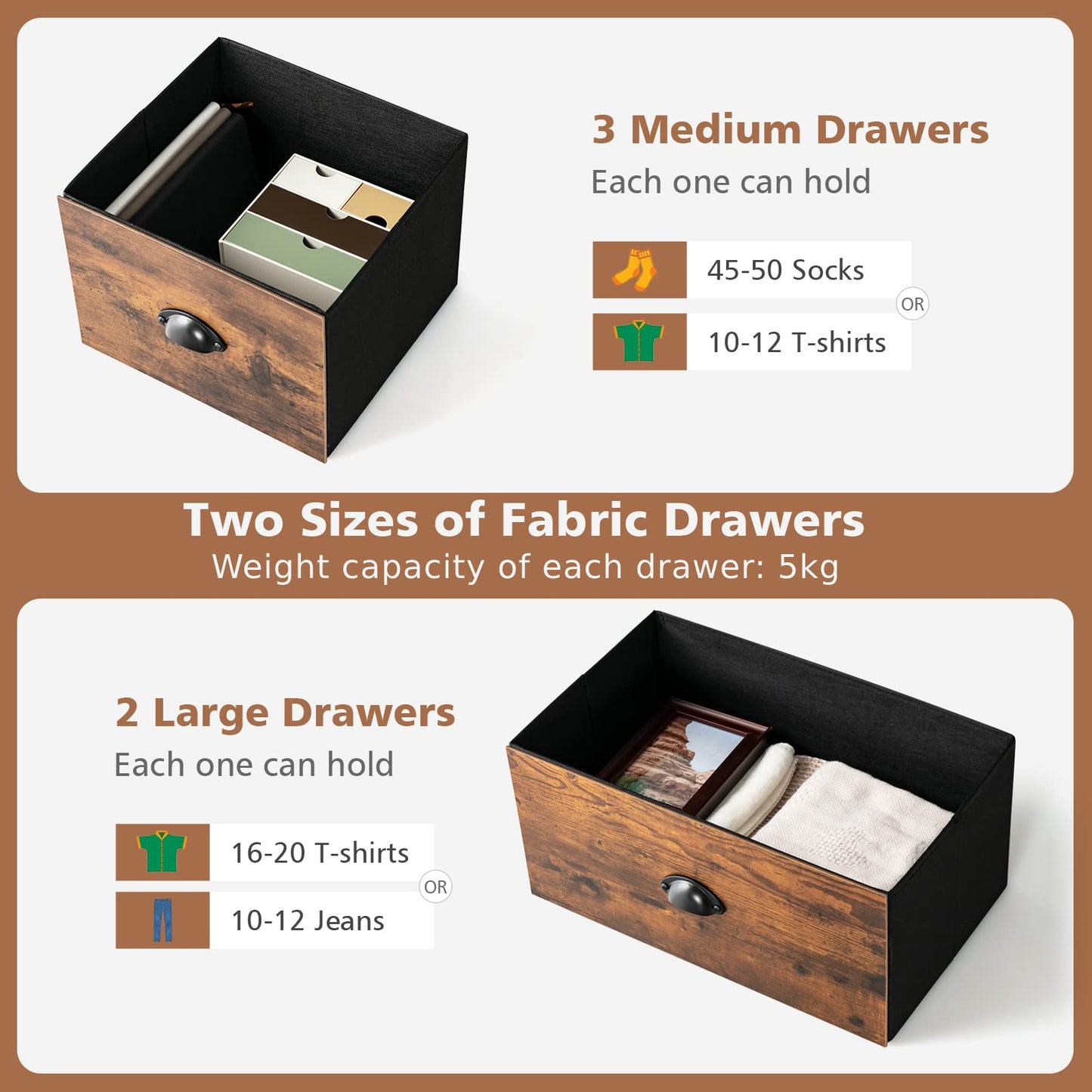 5 Drawer Multifunction Dresser with Foldable Drawers and Wooden Top