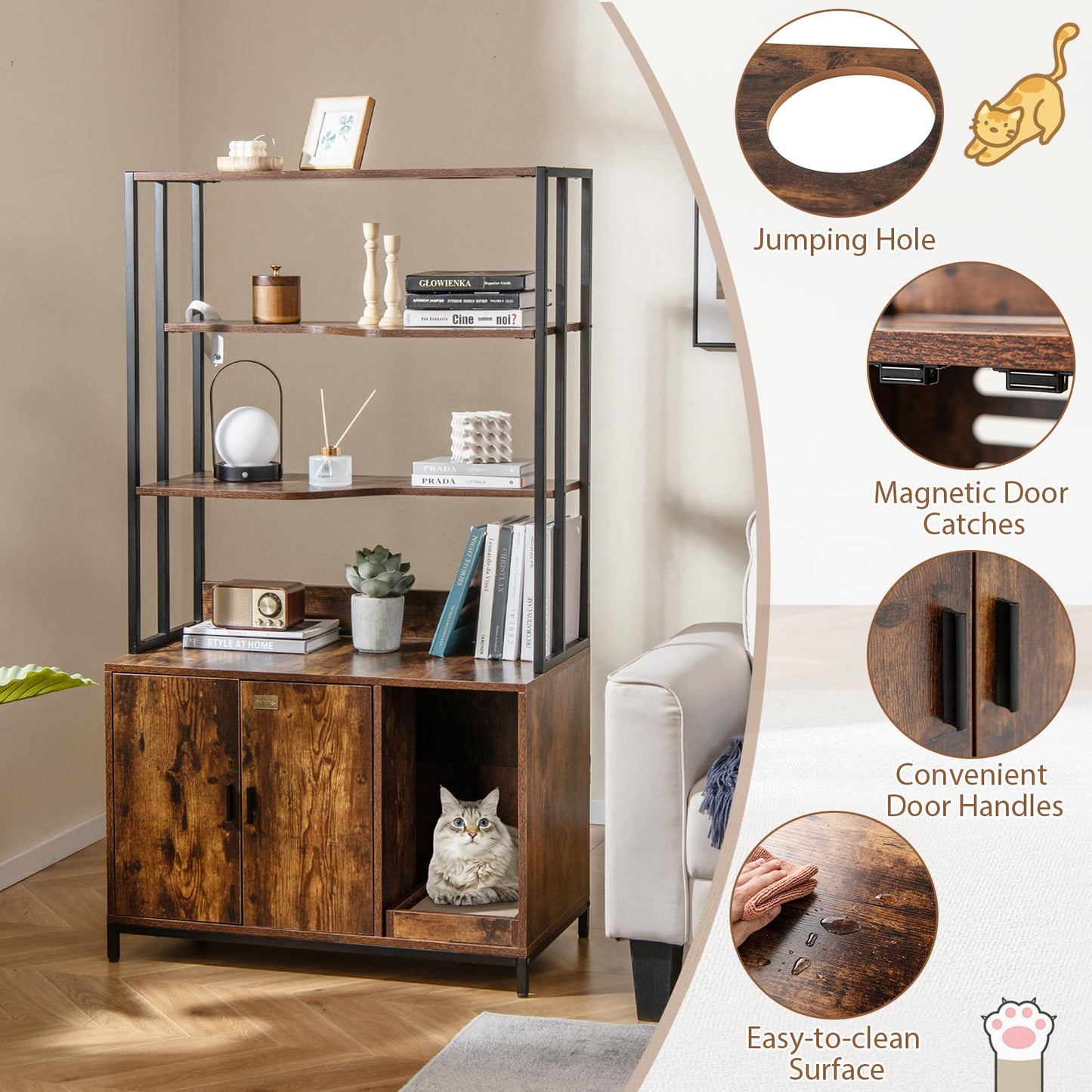 Cat Litter Box Enclosure with 3-tier Storage Shelves