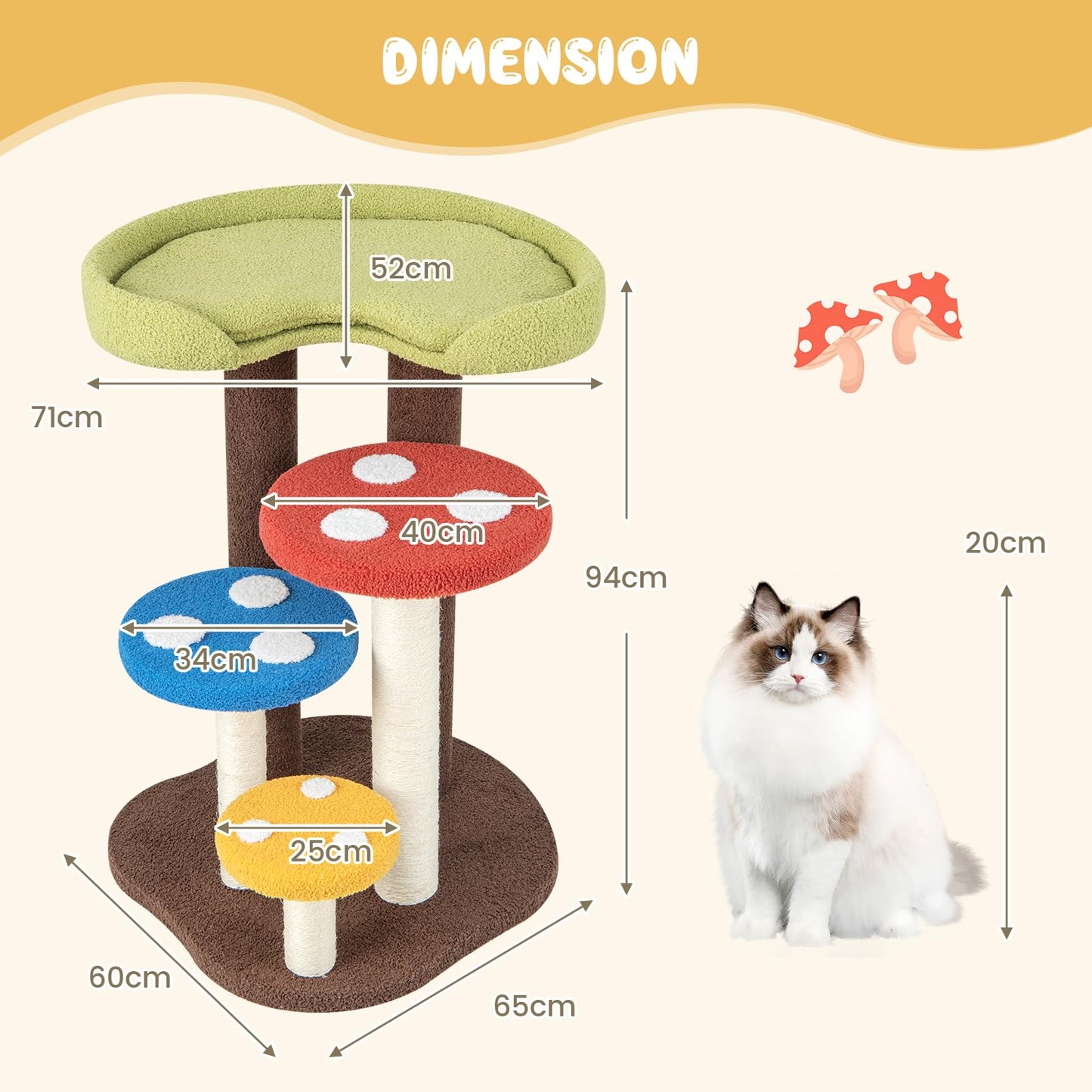 Cat Tree 94cm Mushroom Cat Climbing Tower with Scratching Posts