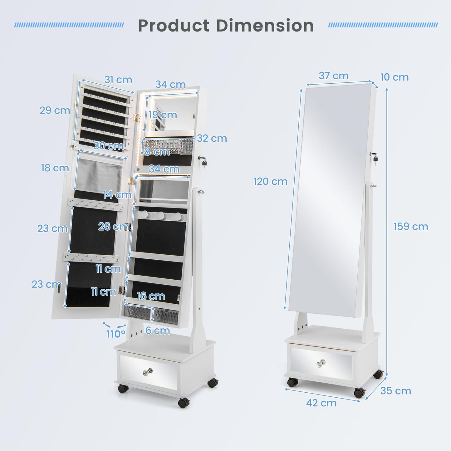 Standing Jewelry Armoire with Full-Length Mirror LED Lights and Drawers