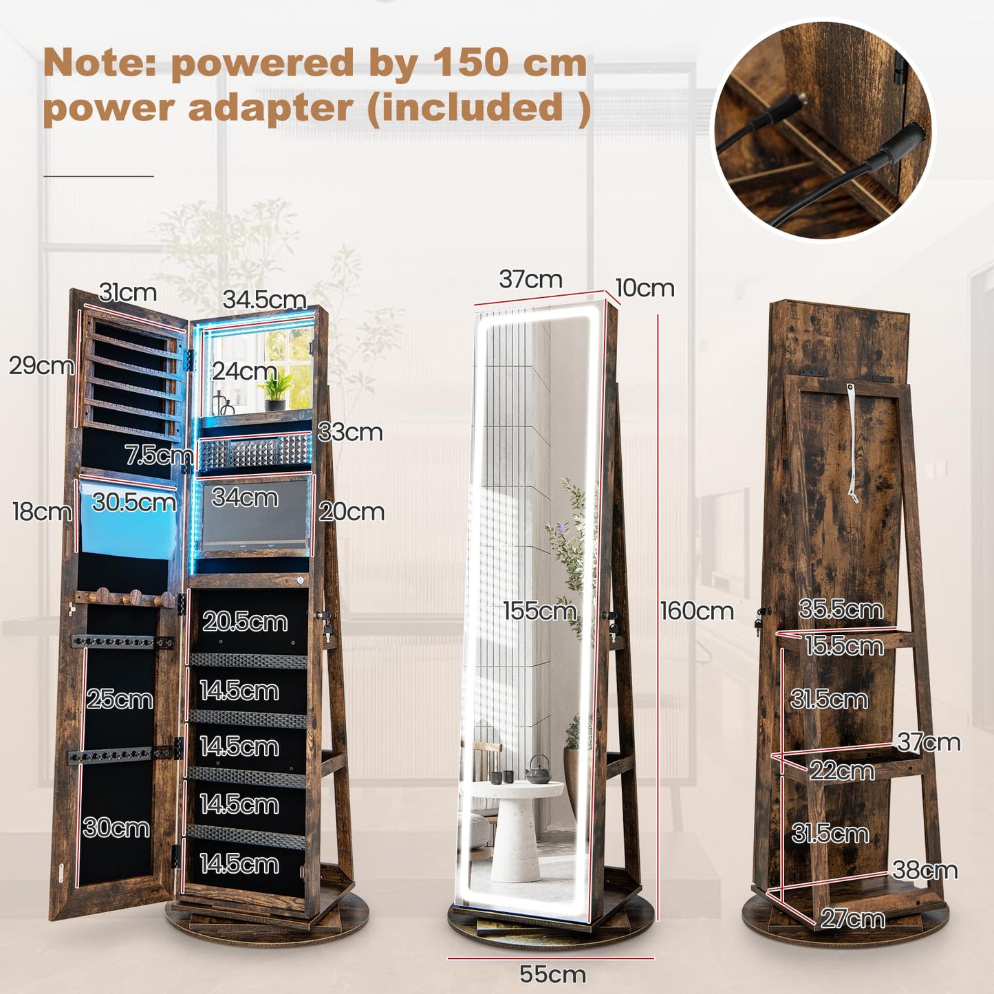 360° Swivel Jewelry Cabinet with LED Lights, Foldable Shelf