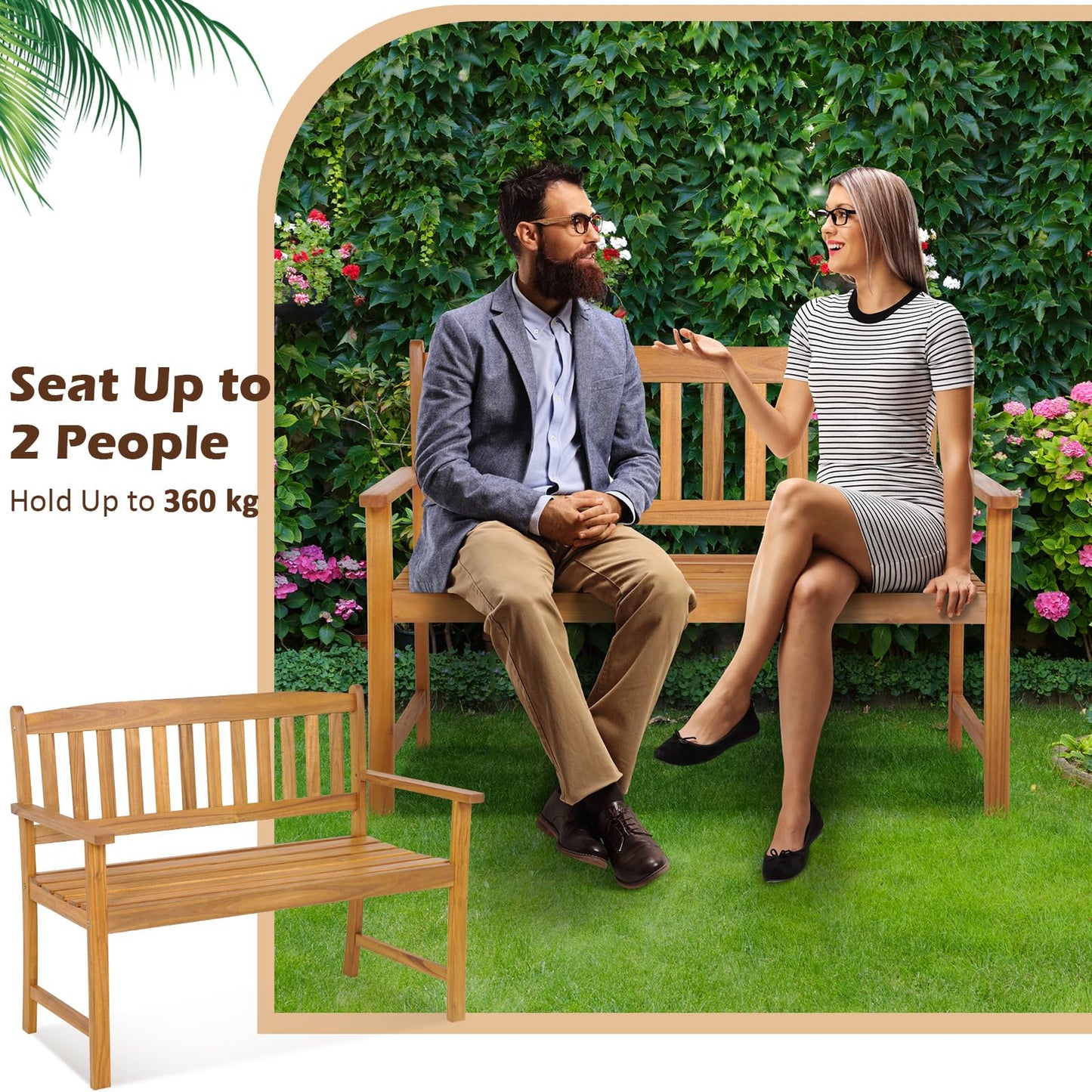 2-Person All-Weather Acacia Wood Patio Loveseat Park Bench Chair